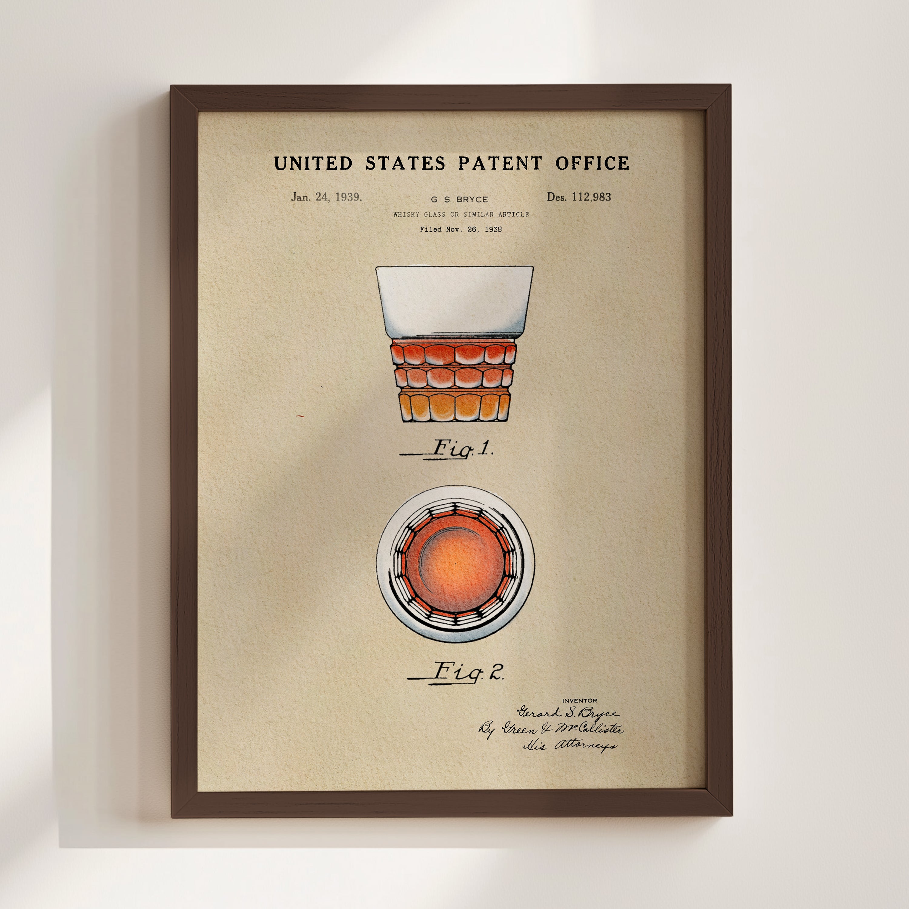 The image is a framed patent drawing depicting a glass of whiskey with a detailed illustration of the glass and its contents.