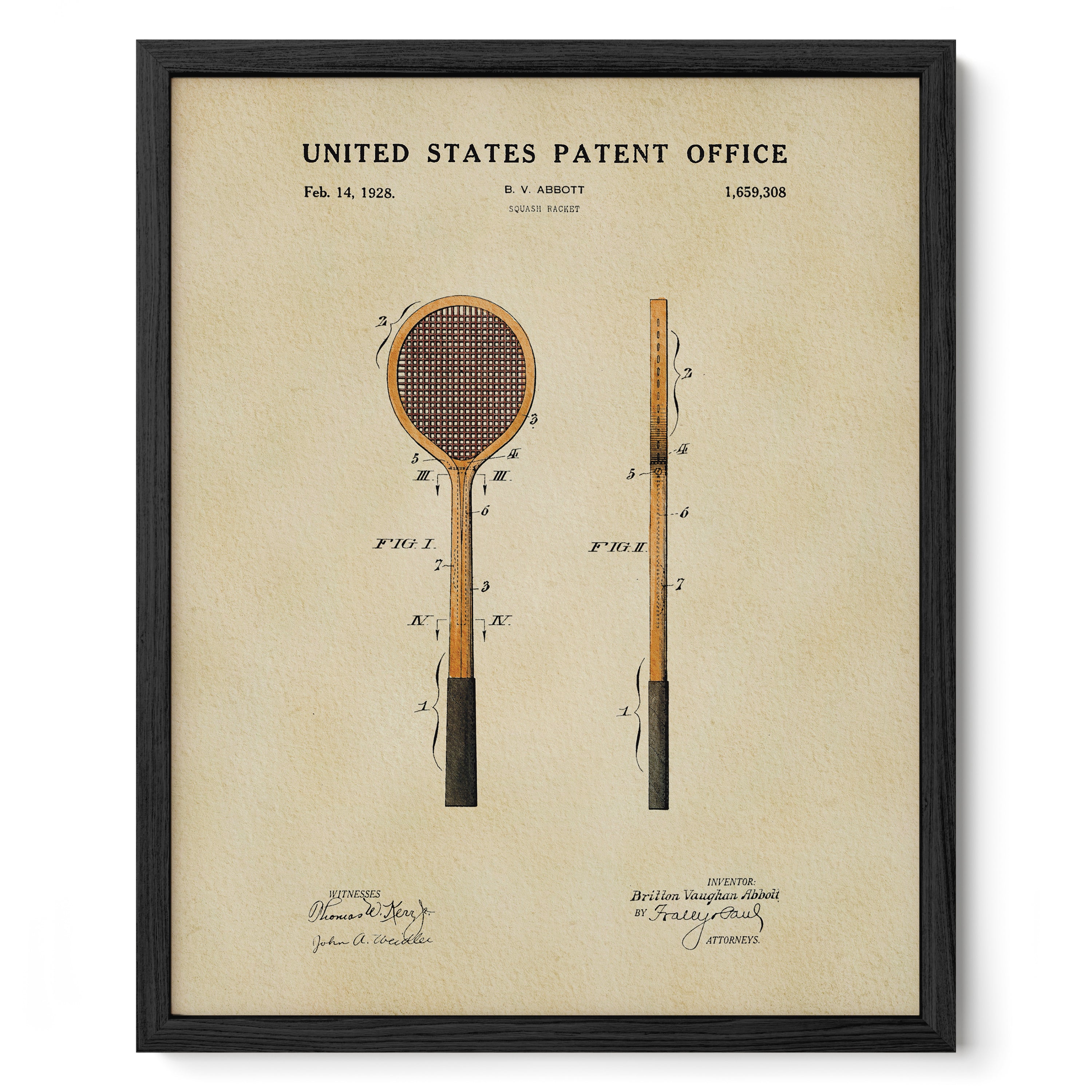 The image is a framed patent drawing of a tennis racket, depicting the racket's design and features.
