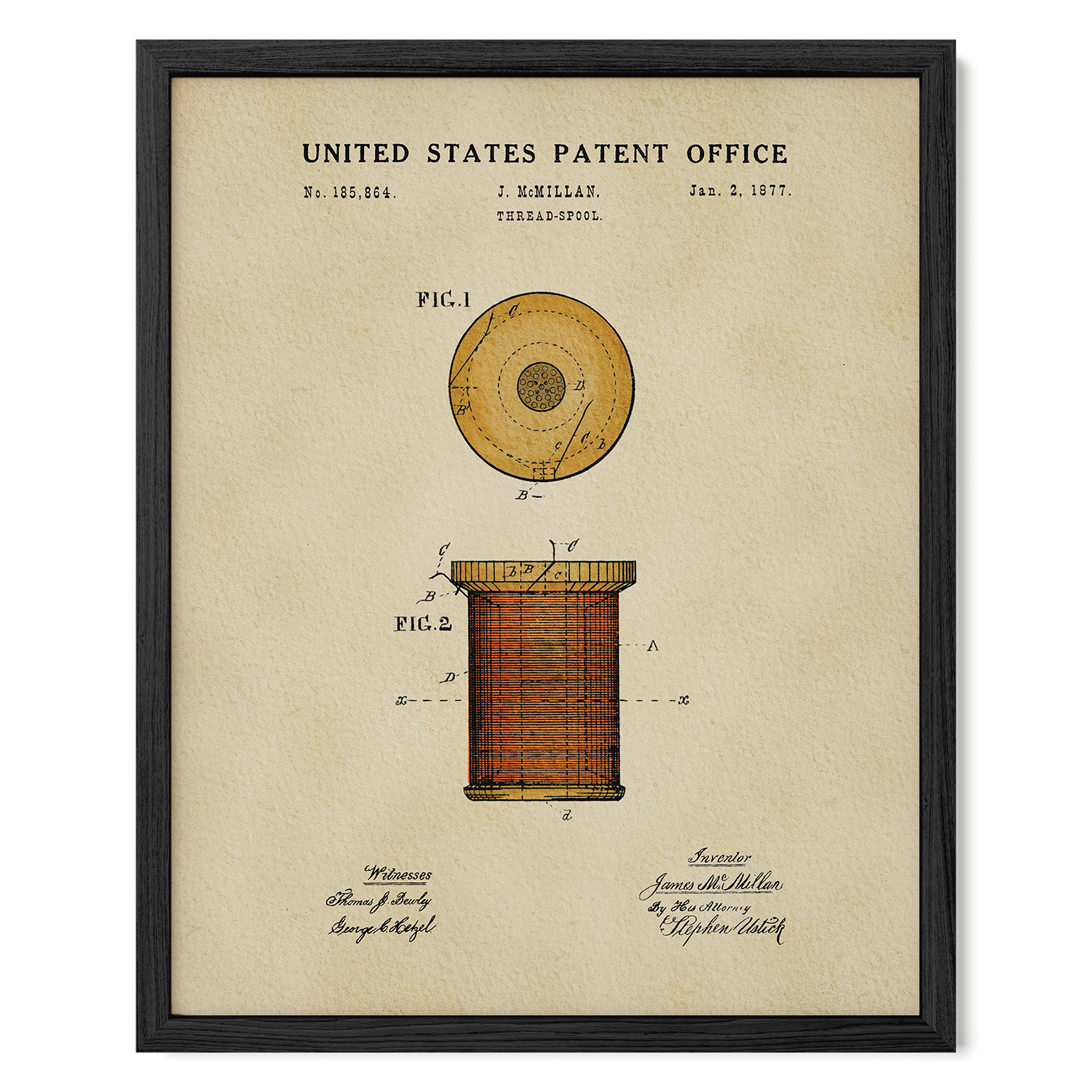 The image is a framed patent drawing from the United States Patent Office, depicting a spool of thread with a circular design.