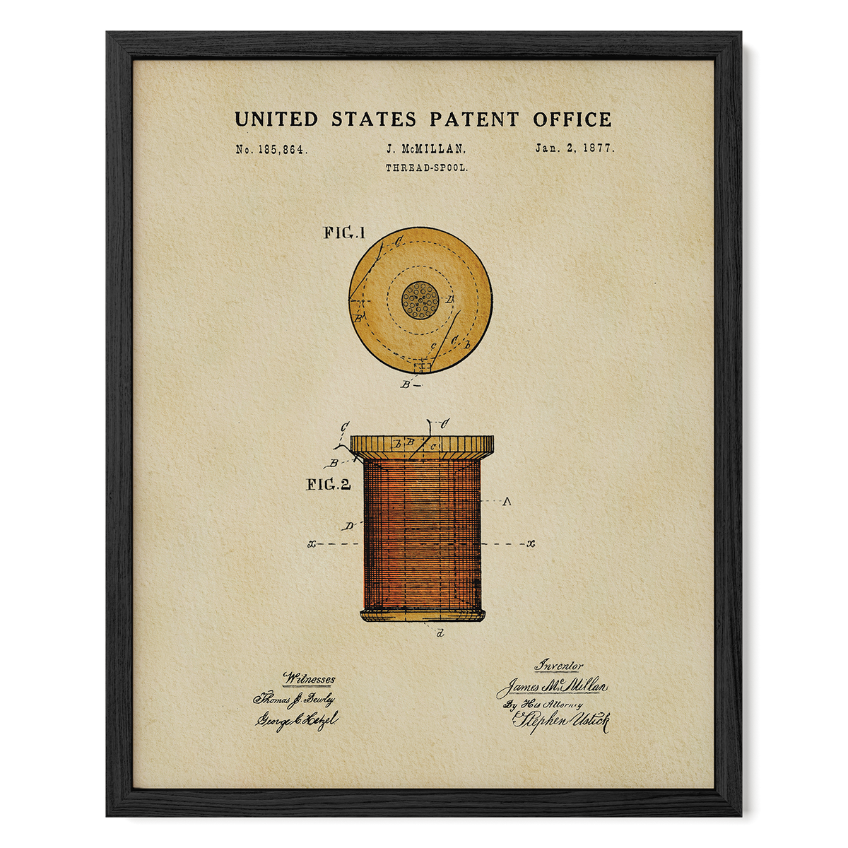 The image is a framed patent drawing from the United States Patent Office, depicting a spool of thread with a circular design.