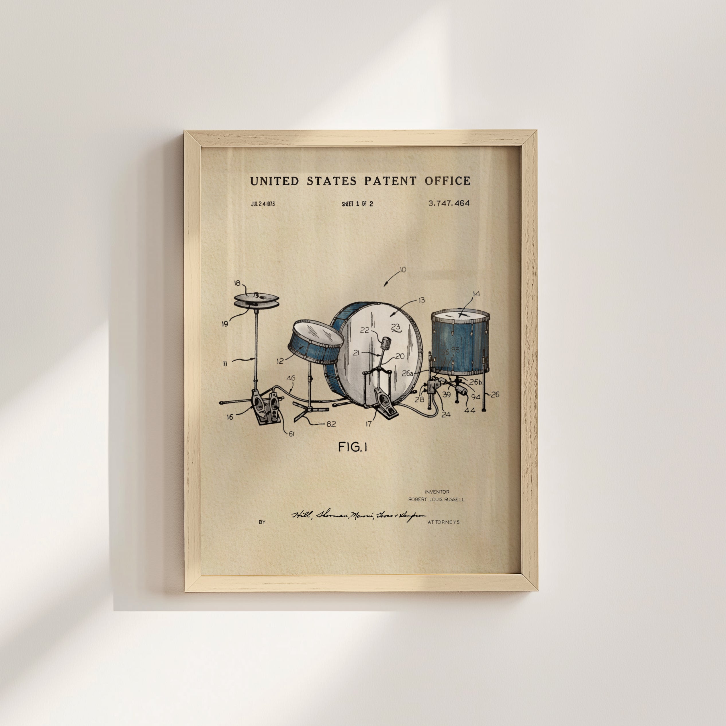 The image is a framed patent drawing depicting a drum set, with various technical drawings and labels.
