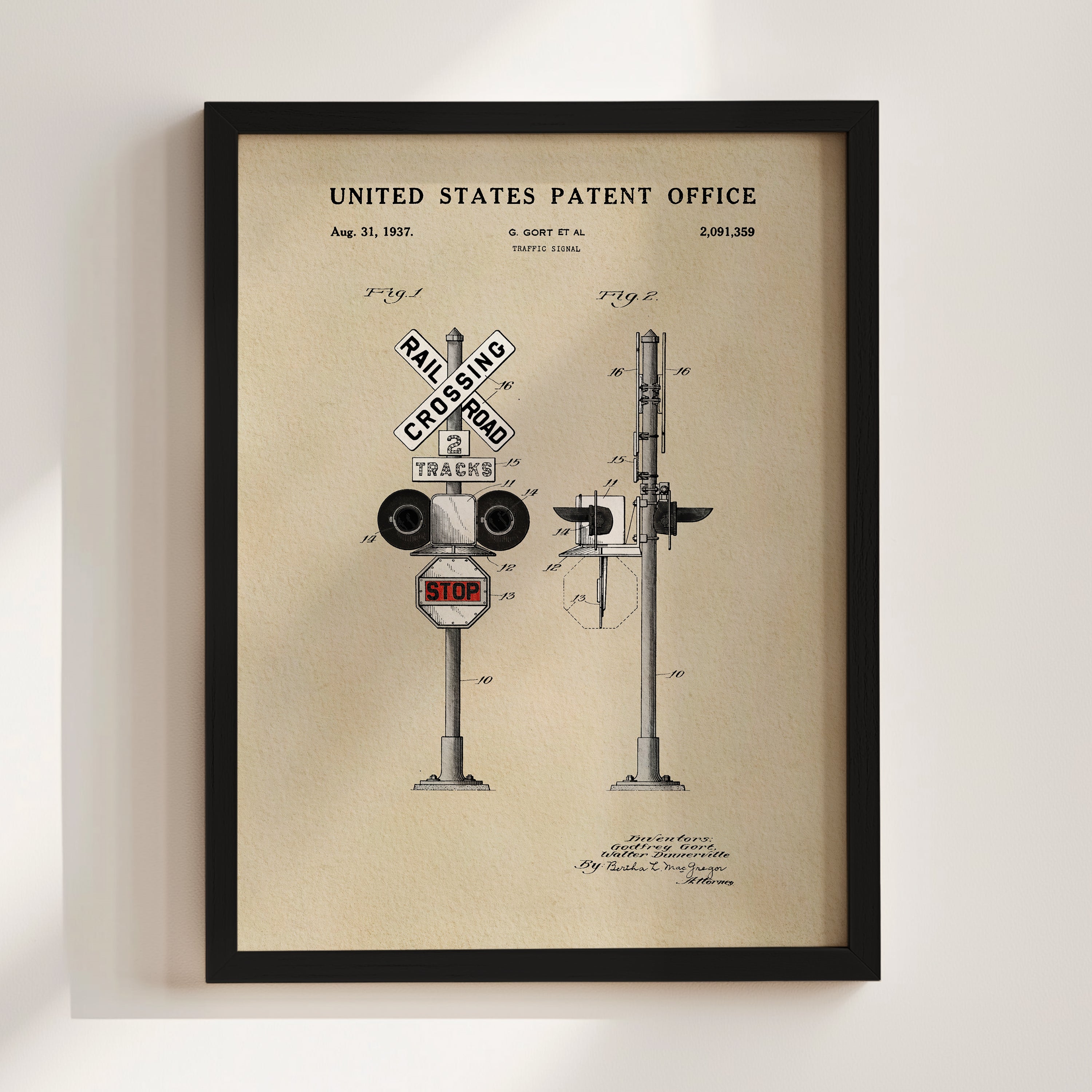 The image is a framed vintage railroad crossing patent from the United States patent office in 1957.