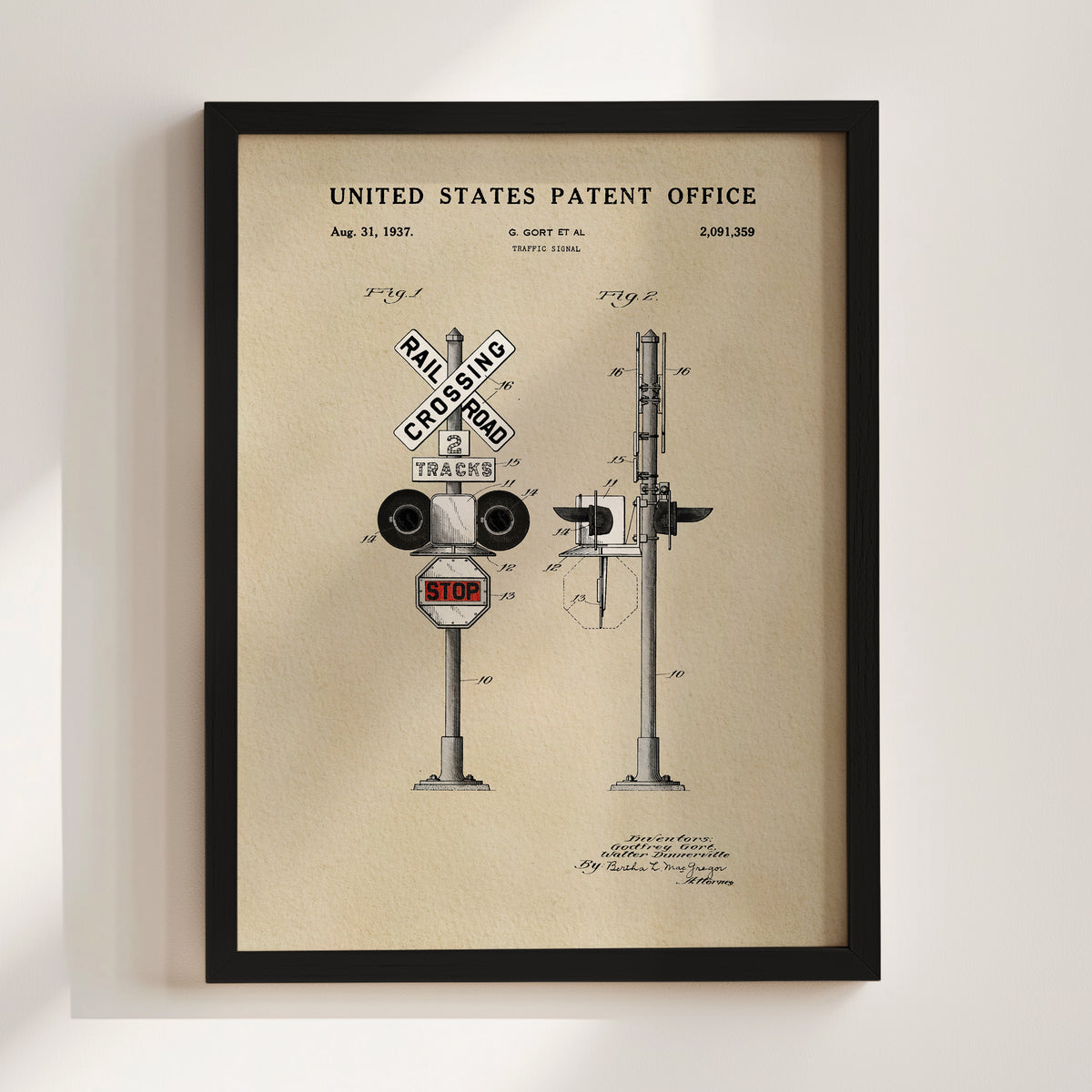 The image is a framed vintage railroad crossing patent from the United States patent office in 1957.
