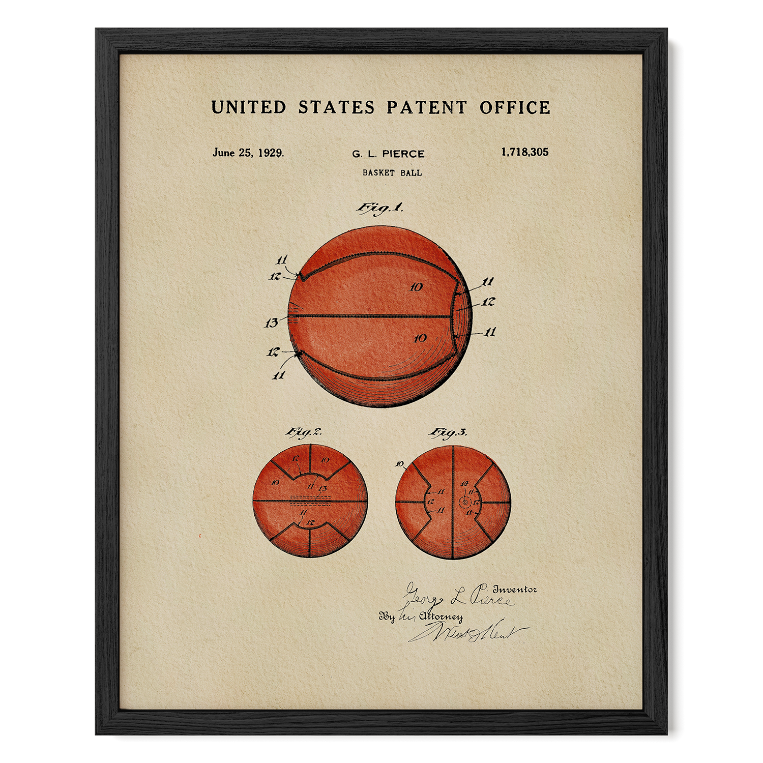 The image is a framed vintage patent drawing of a basketball, depicting the ball and its components in a detailed manner.