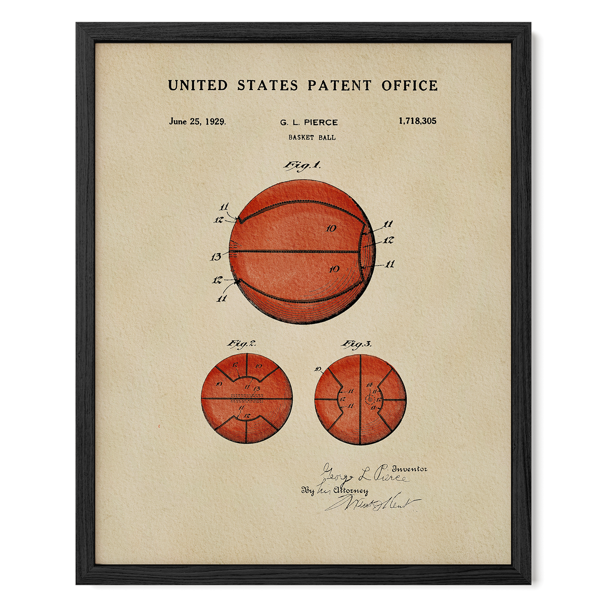 The image is a framed vintage patent drawing of a basketball, depicting the ball and its components in a detailed manner.