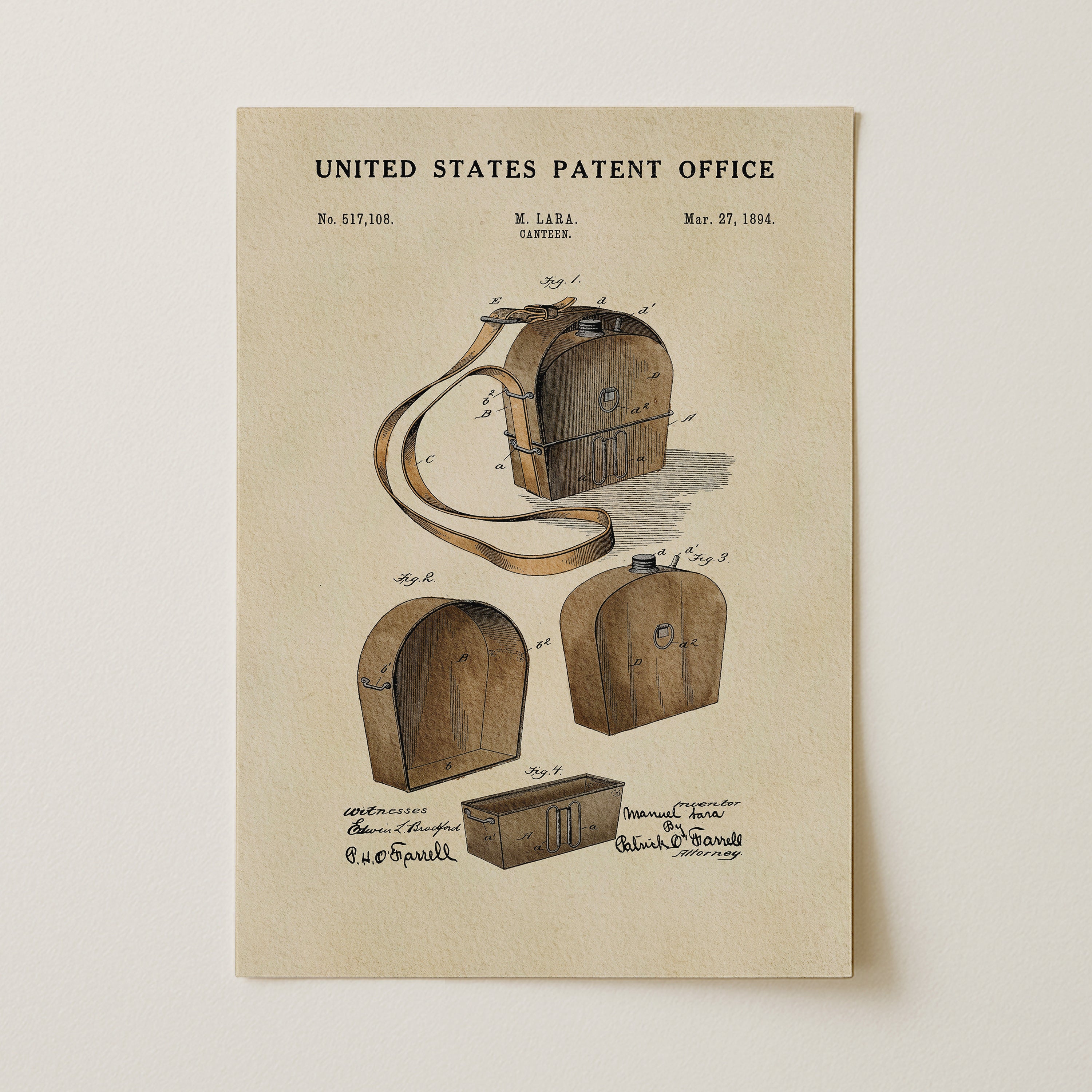 The image is a vintage United States patent office patent drawing depicting a wooden box with a strap.