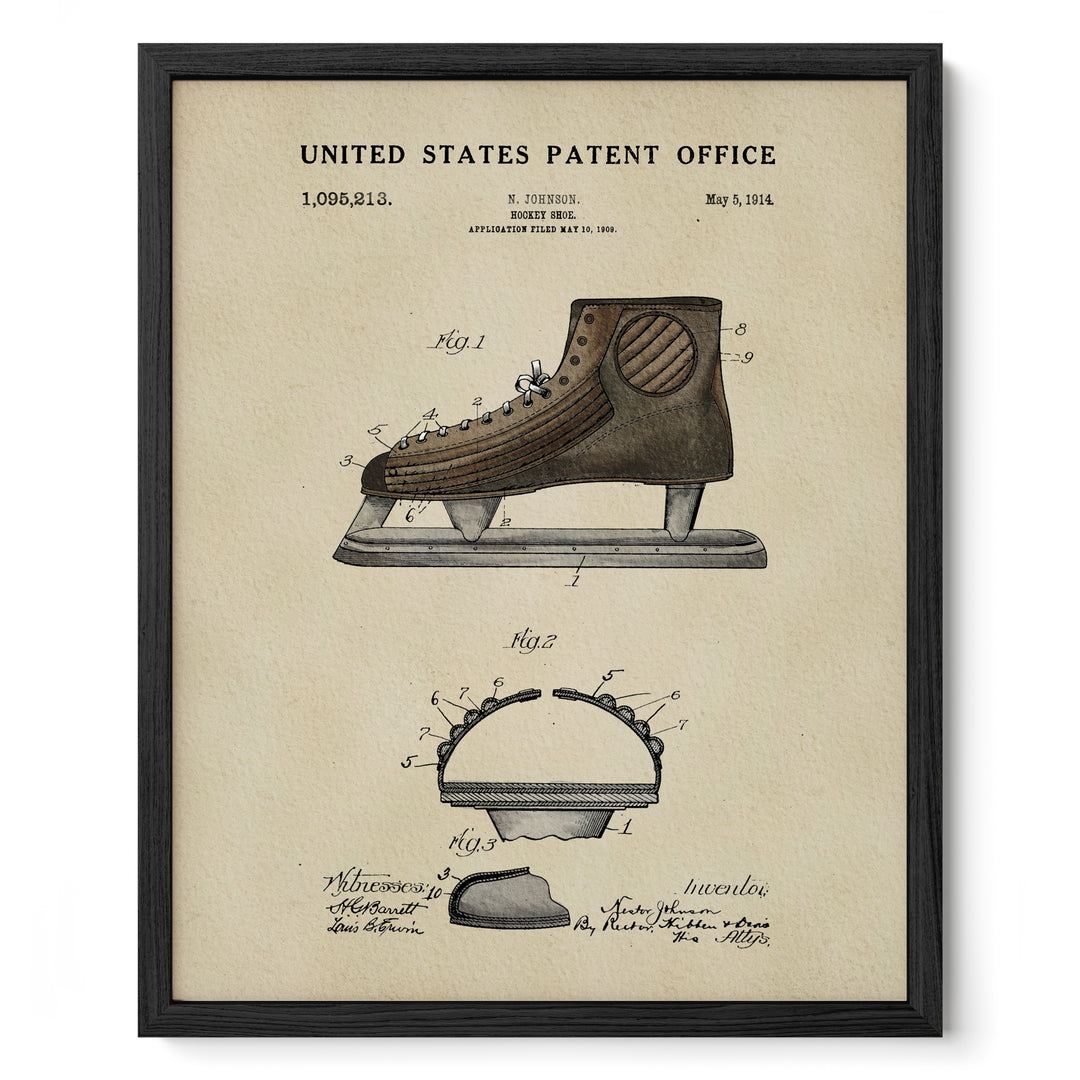 The image is a framed vintage patent drawing of a pair of skates, depicting the design and features of the skates.