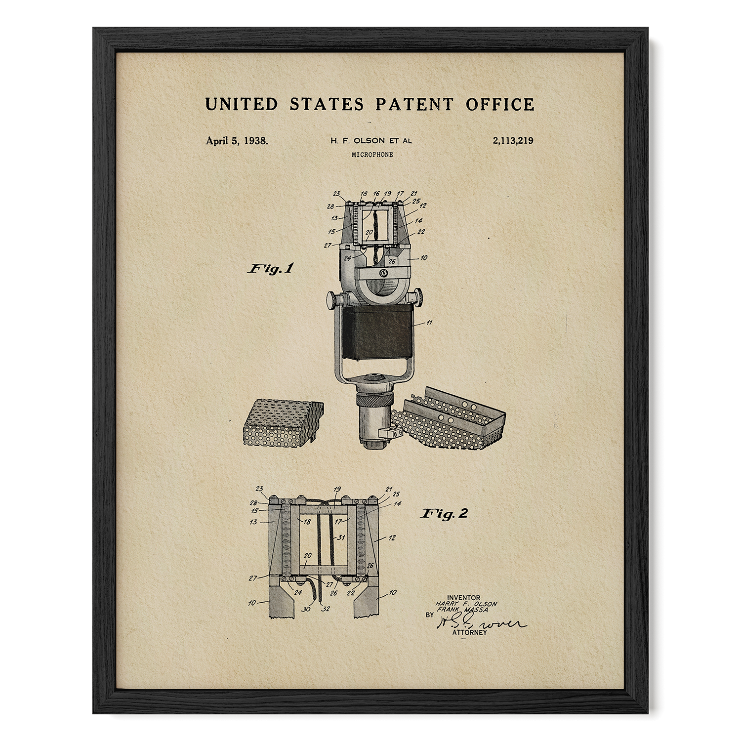 The image is a framed patent drawing from the United States Patent Office, depicting a microphone with various technical drawings and specifications.