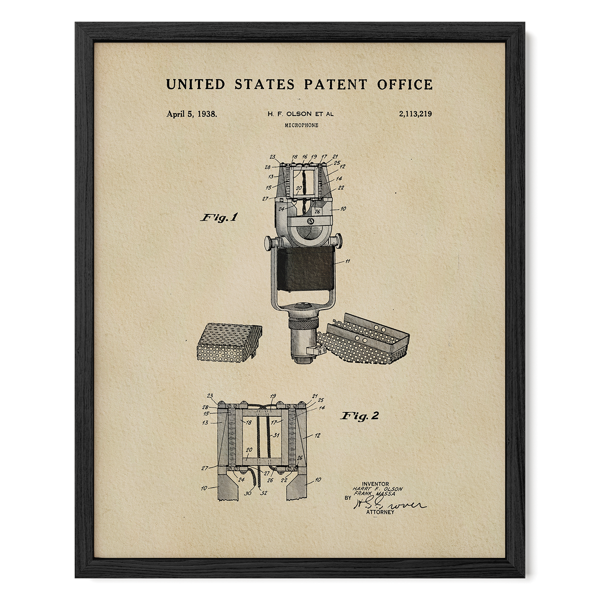 The image is a framed patent drawing from the United States Patent Office, depicting a microphone with various technical drawings and specifications.
