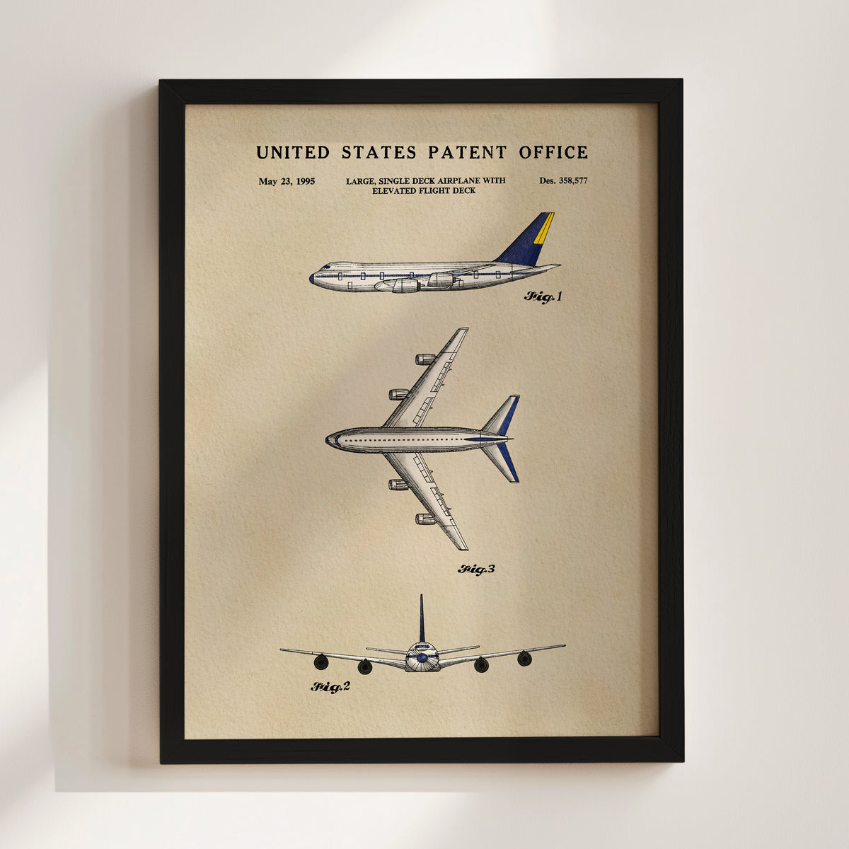 The image is a framed patent drawing depicting three different airplanes, including a large single-engine airplane with an elevated flight deck.
