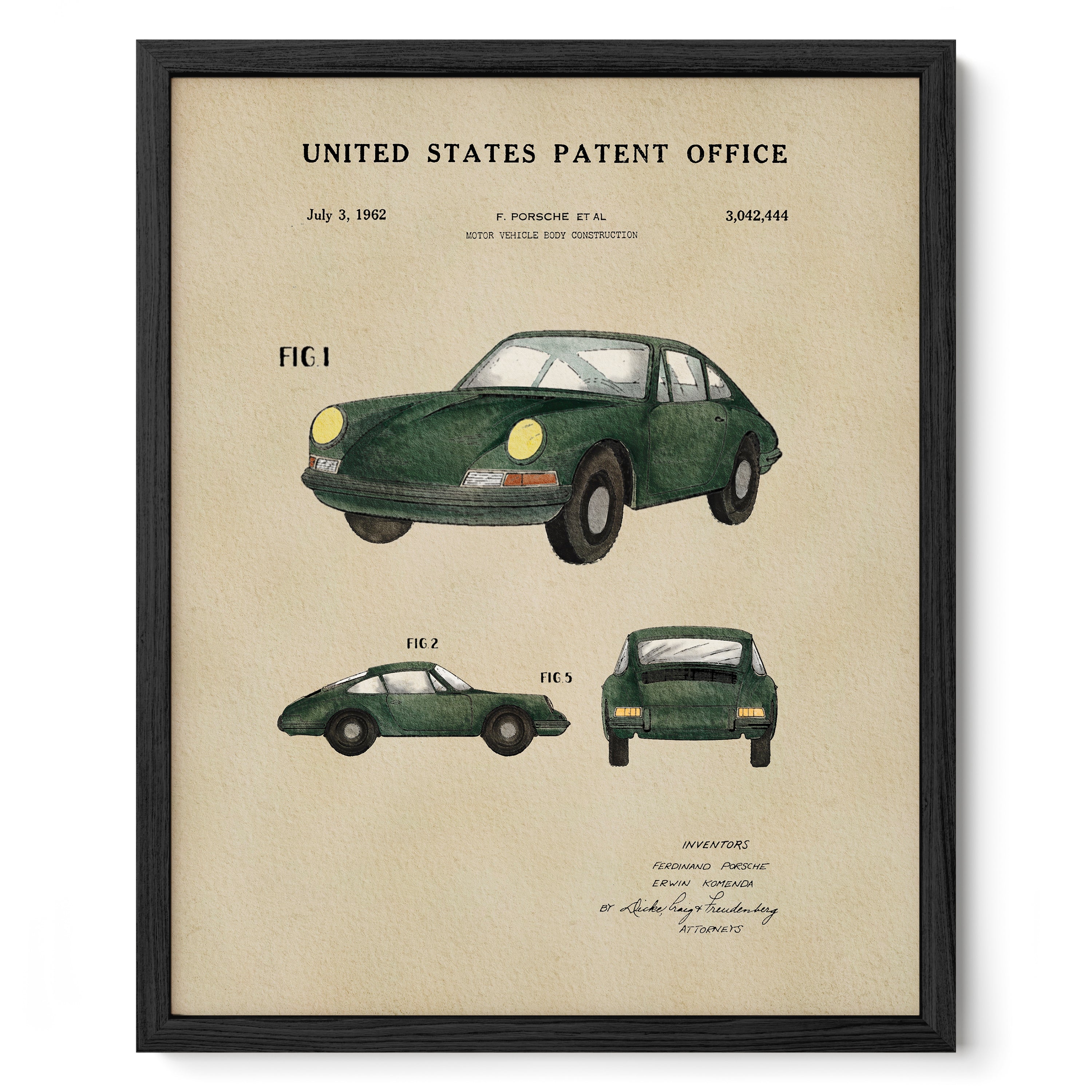 The image is a framed print of a vintage Porsche 911 patent drawing, depicting the car in various views.