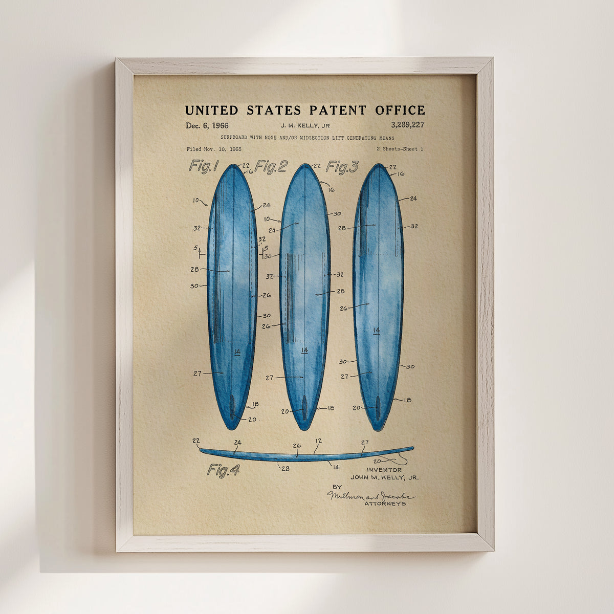 The image is a framed patent drawing depicting three blue surfboards with detailed technical drawings and labels.
