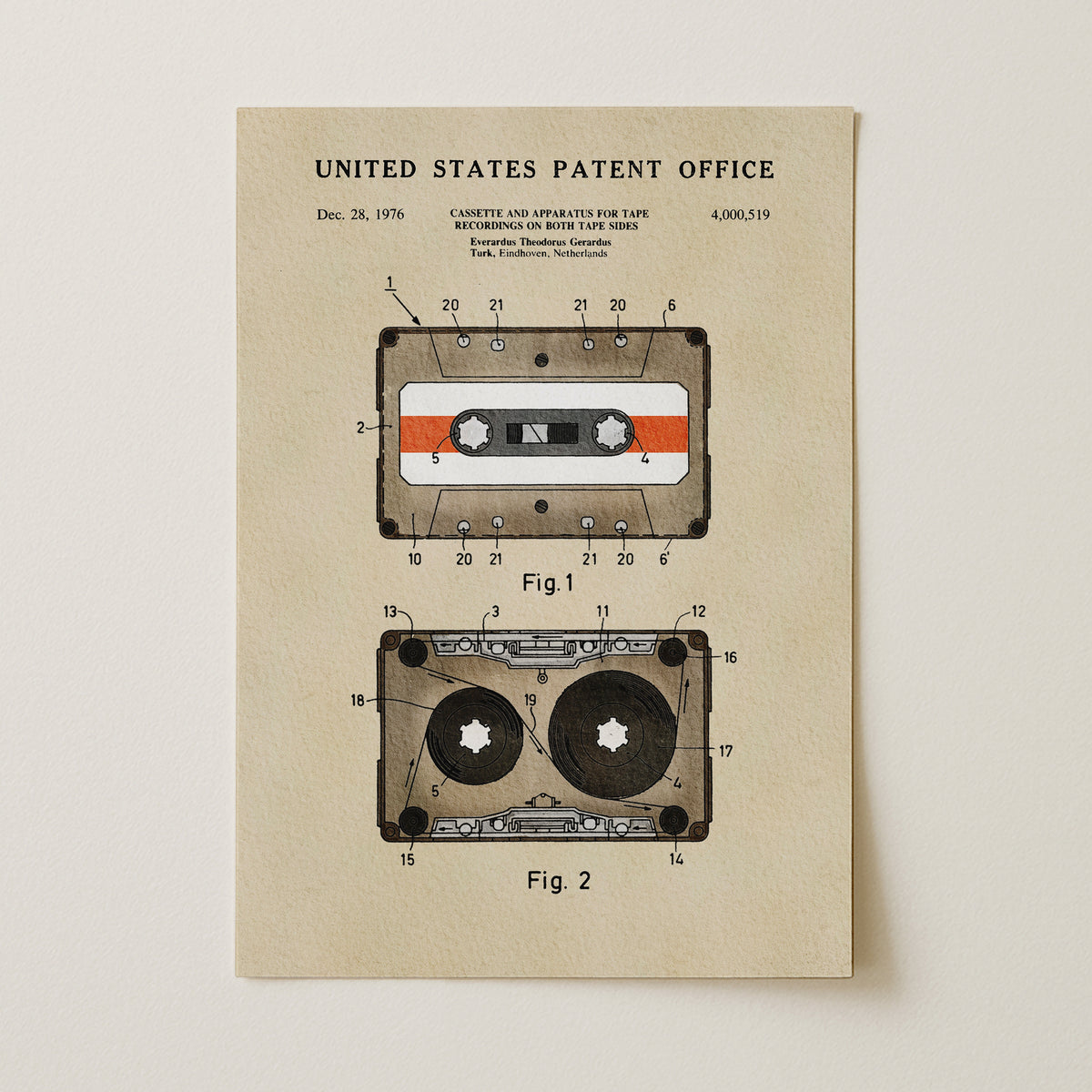The image is a vintage United States patent office patent for a cassette and tape, dated December 28, 1976. It features two technical drawings of a cassette tape and a tape, along with the text "United States Patent Office" and "4,000.519".