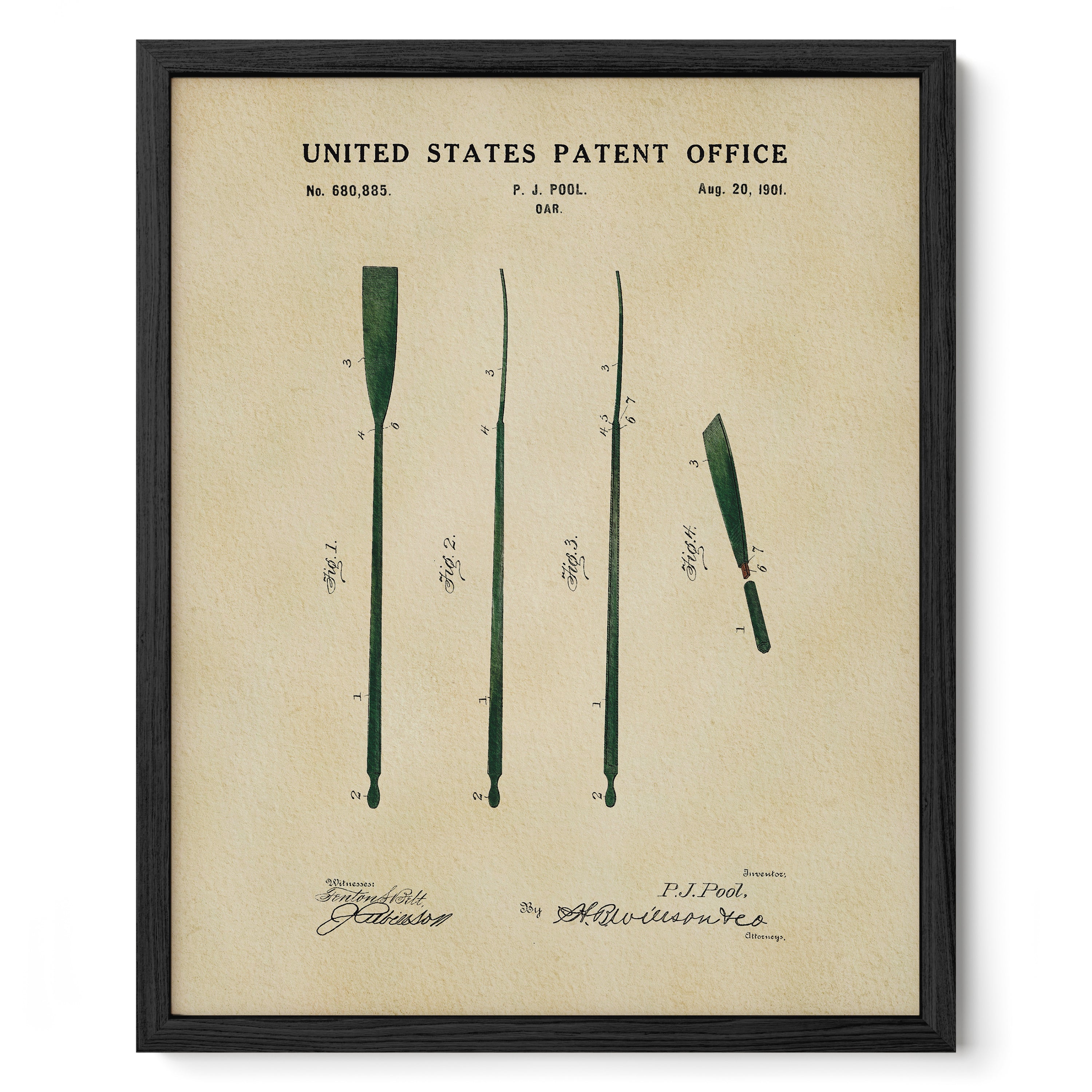 The image is a framed print of a United States patent office patent drawing, depicting a paddle.