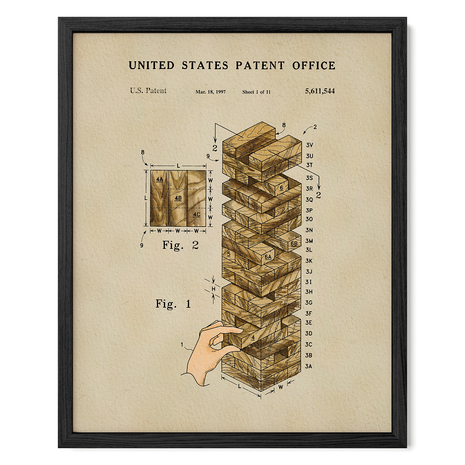The image is a framed print depicting a detailed illustration of a Jenga block tower, with a hand reaching for one of the blocks. The print includes a diagram and text that provides information about the Jenga tower, such as its dimensions and the patent filing date.