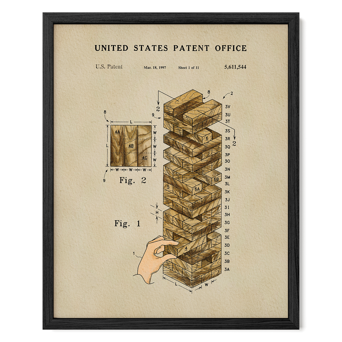 The image is a framed print depicting a detailed illustration of a Jenga block tower, with a hand reaching for one of the blocks. The print includes a diagram and text that provides information about the Jenga tower, such as its dimensions and the patent filing date.