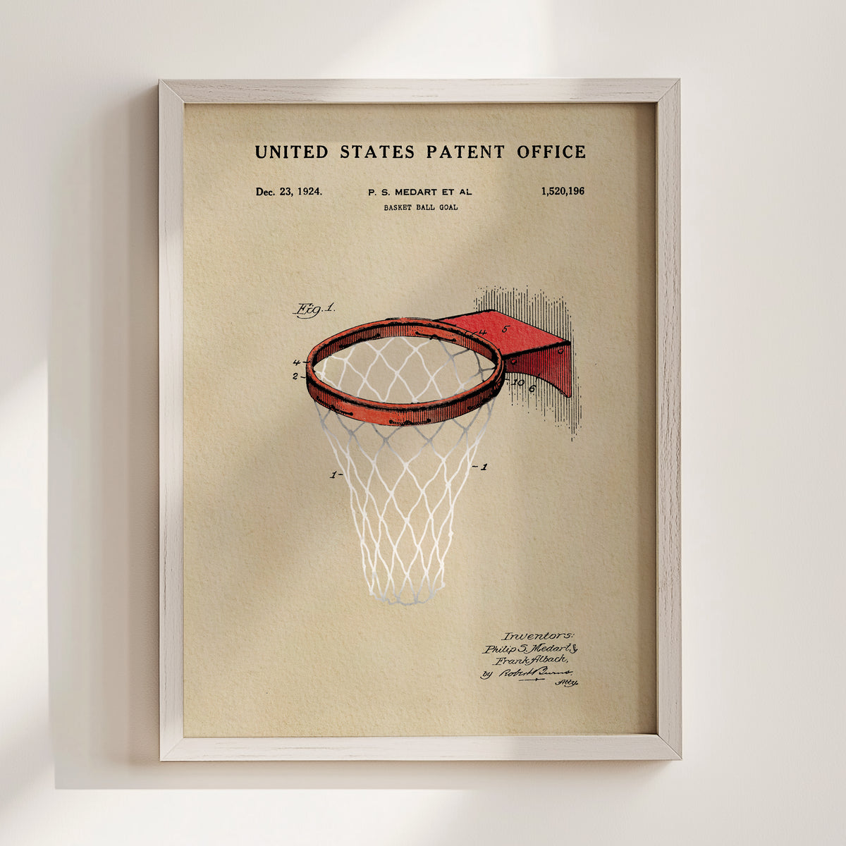 The image is a framed print of a basketball hoop patent drawing from December 23, 1924, with the United States Patent Office.