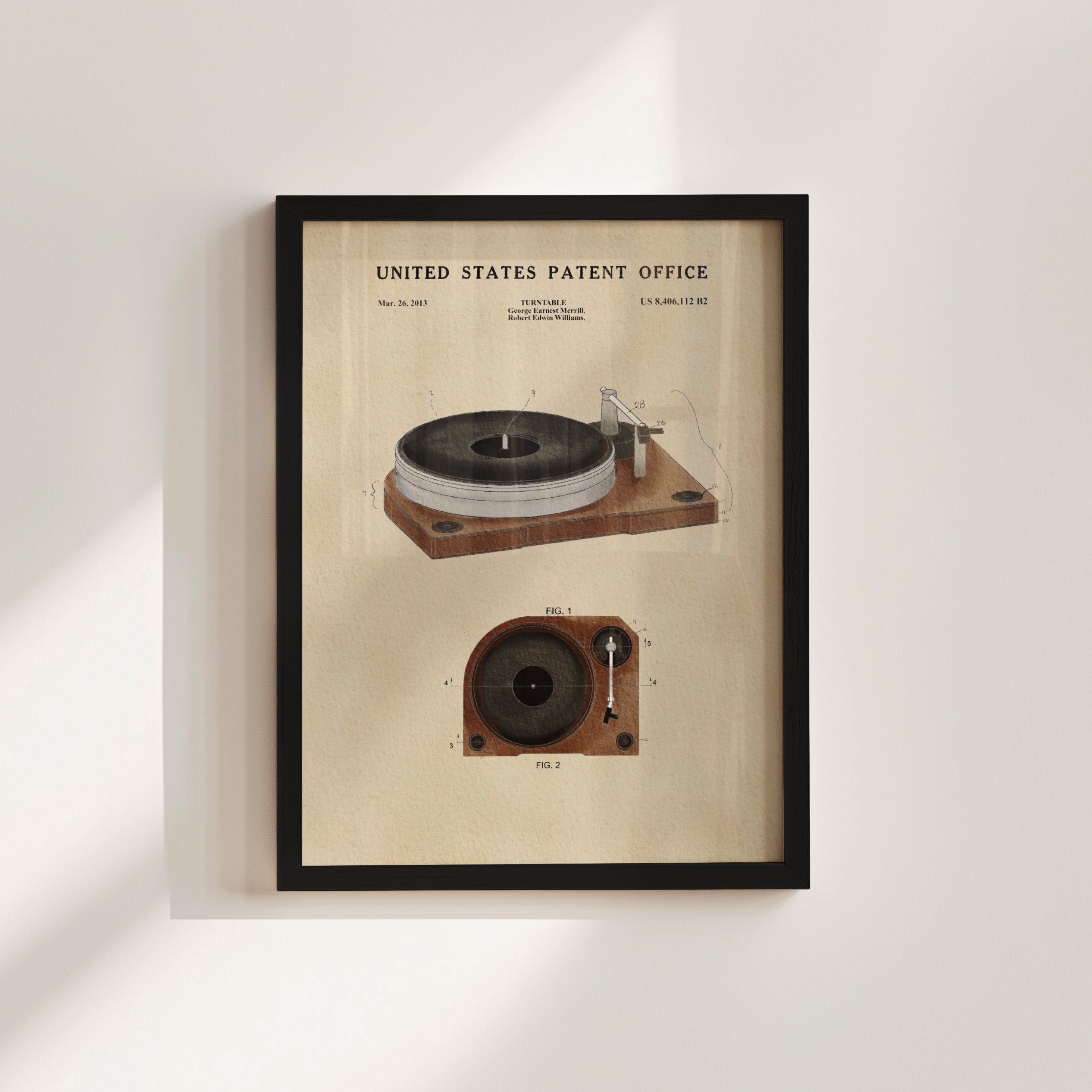 The image is a framed vintage patent drawing of a turntable, depicting the design and features of the turntable.