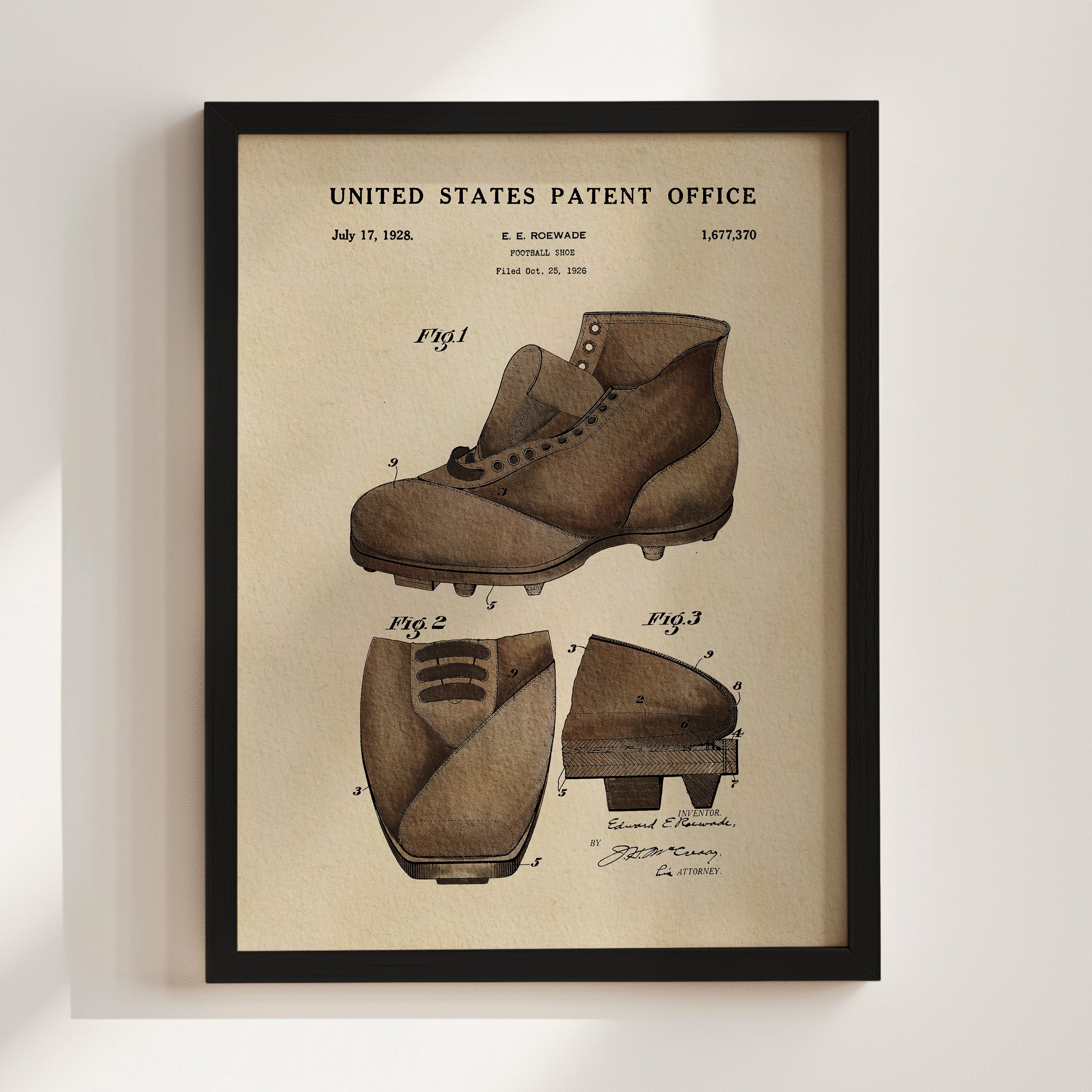 The image is a framed patent drawing depicting a pair of shoes, likely from the early 20th century.