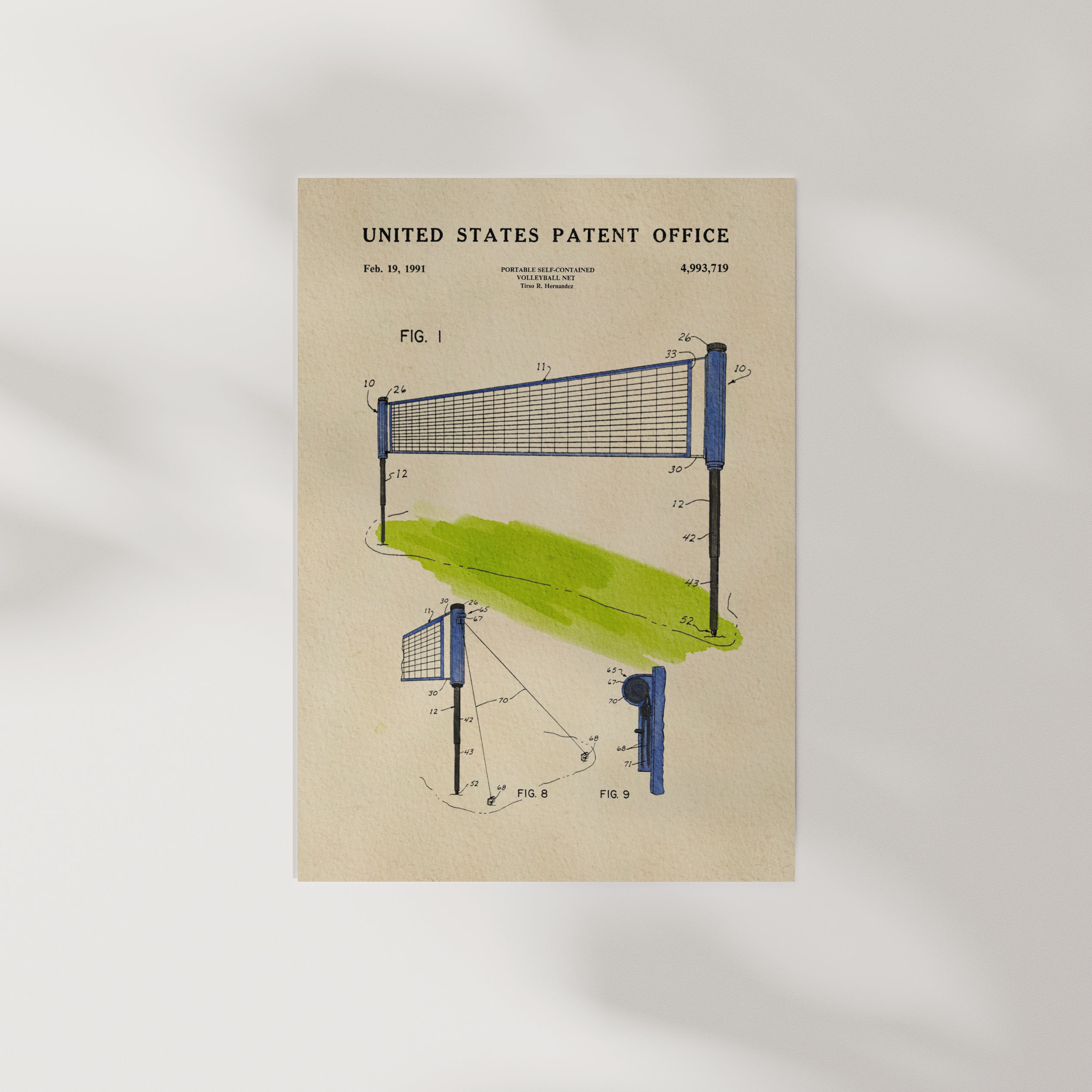 The image is a patent drawing of a volleyball net, depicting the net with a green background and blue netting.