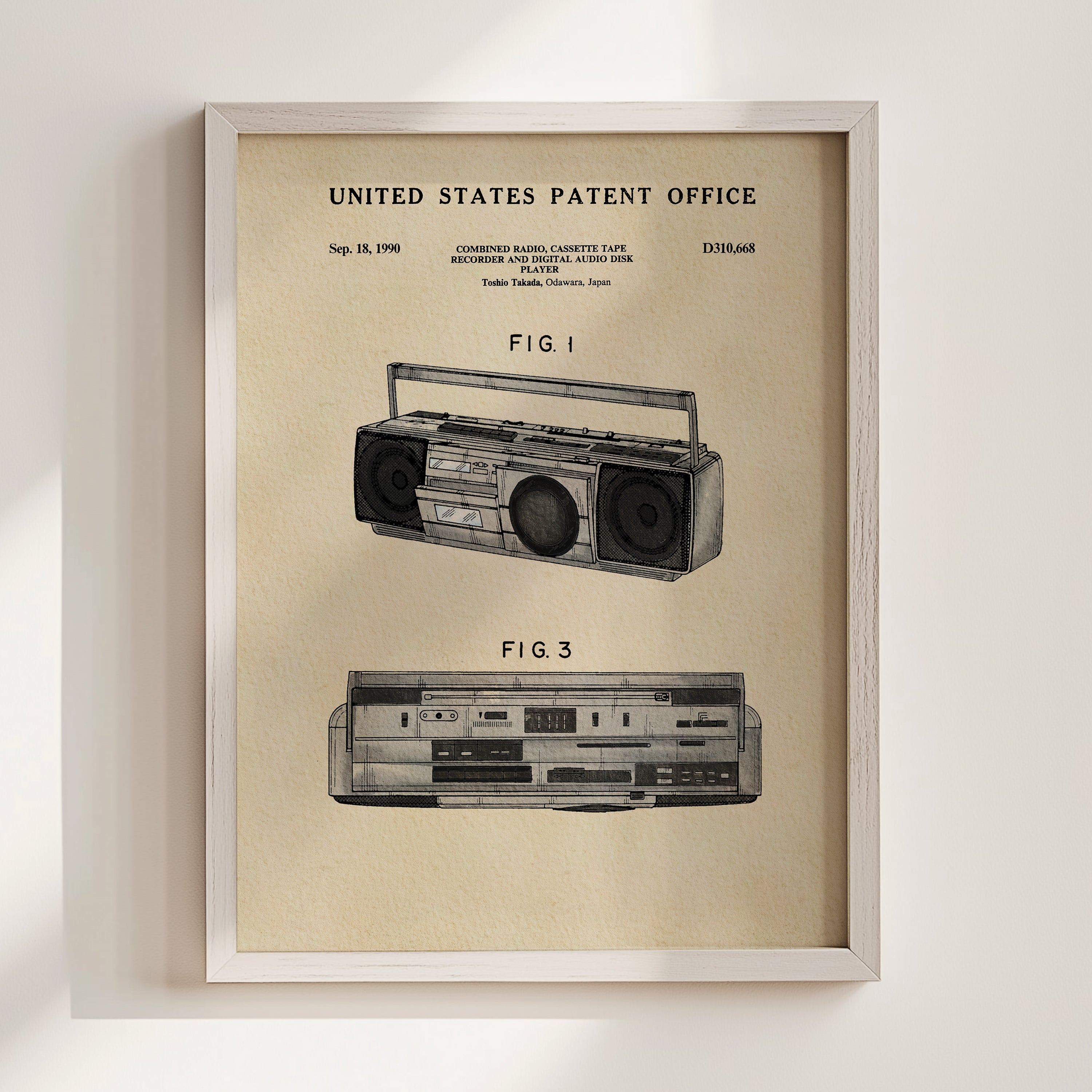 The image is a framed patent drawing of a radio or cassette tape player, depicting two different models with accompanying technical drawings.