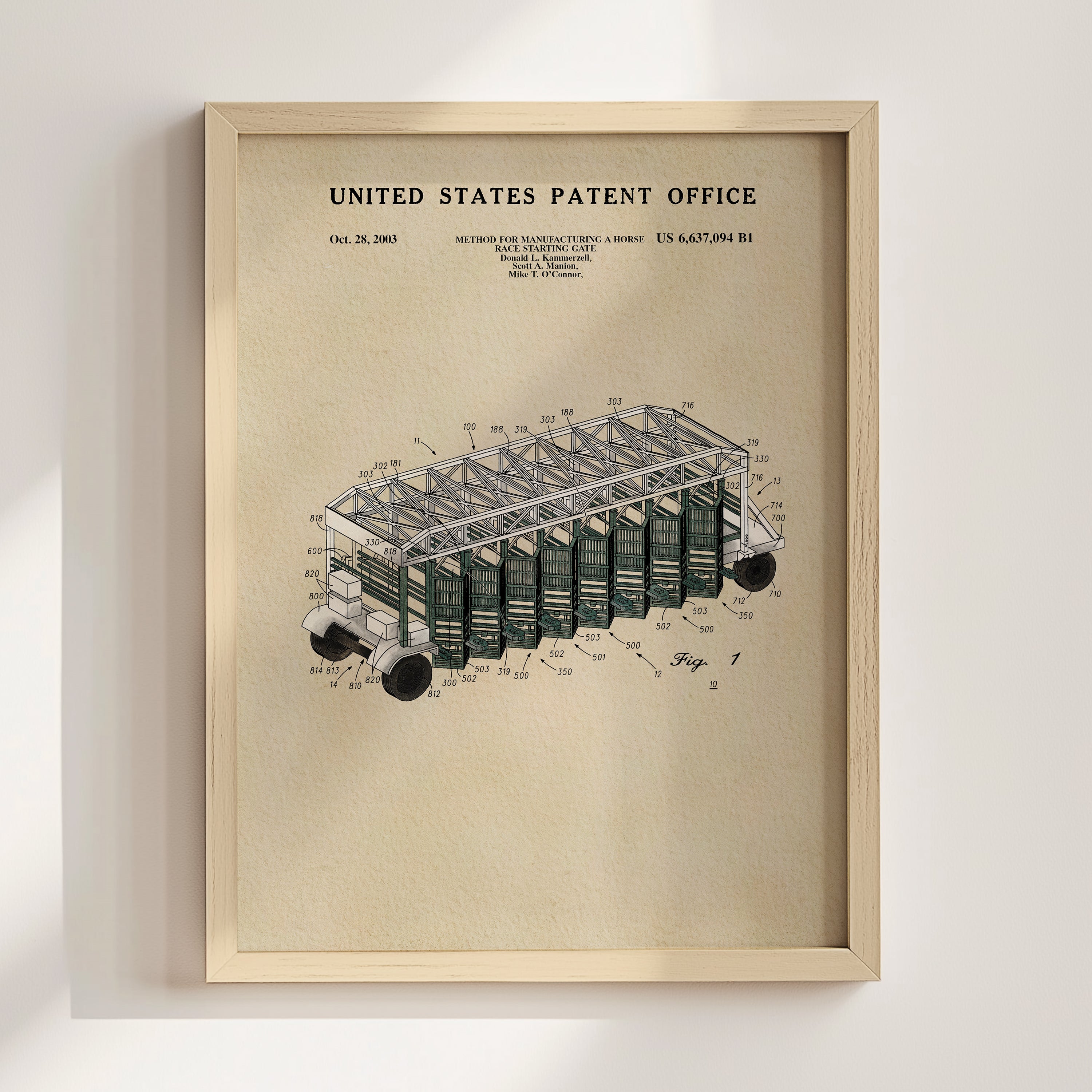 The image is a framed patent drawing depicting a horse-drawn carriage with a detailed illustration of the carriage's structure and components.