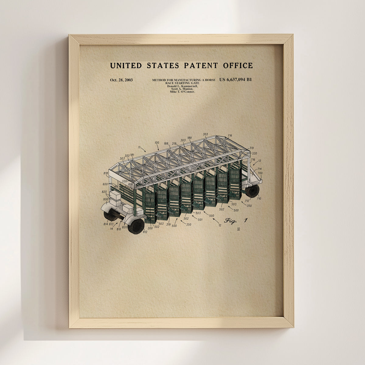 The image is a framed patent drawing depicting a horse-drawn carriage with a detailed illustration of the carriage's structure and components.