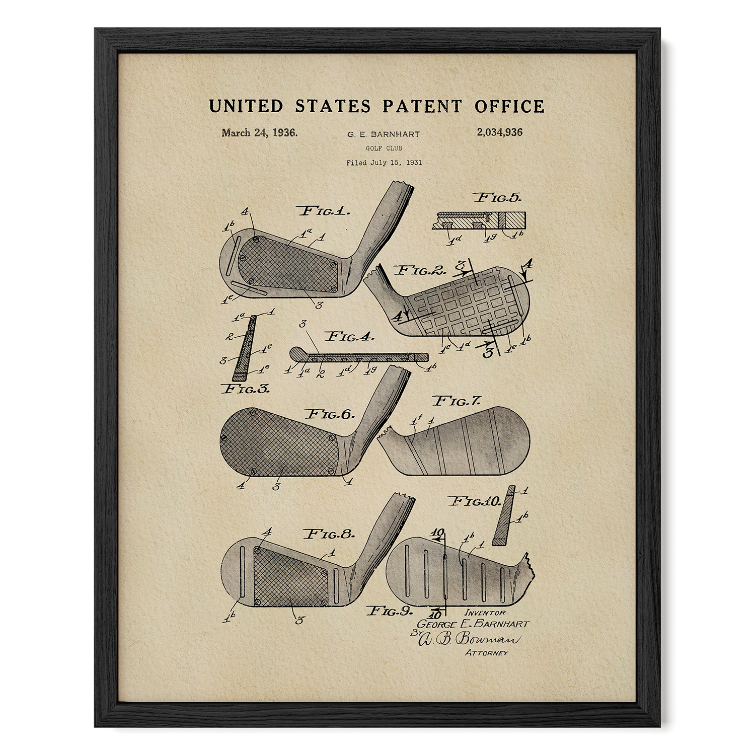 The image is a framed patent drawing depicting various golf clubs, including a putter, driver, and iron.