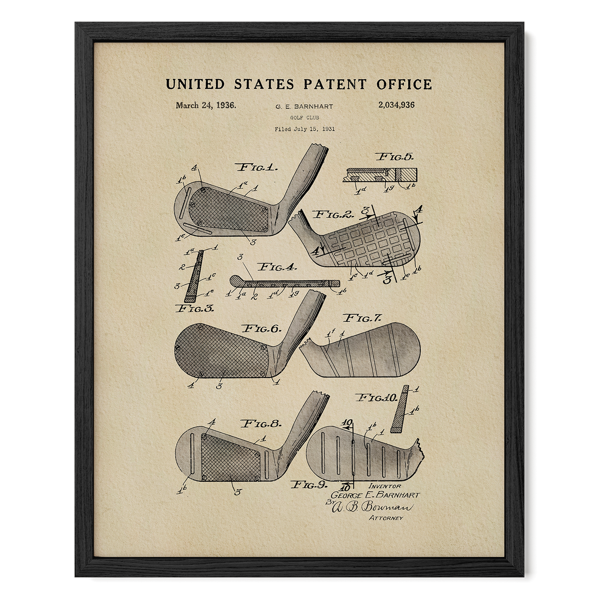 The image is a framed patent drawing depicting various golf clubs, including a putter, driver, and iron.