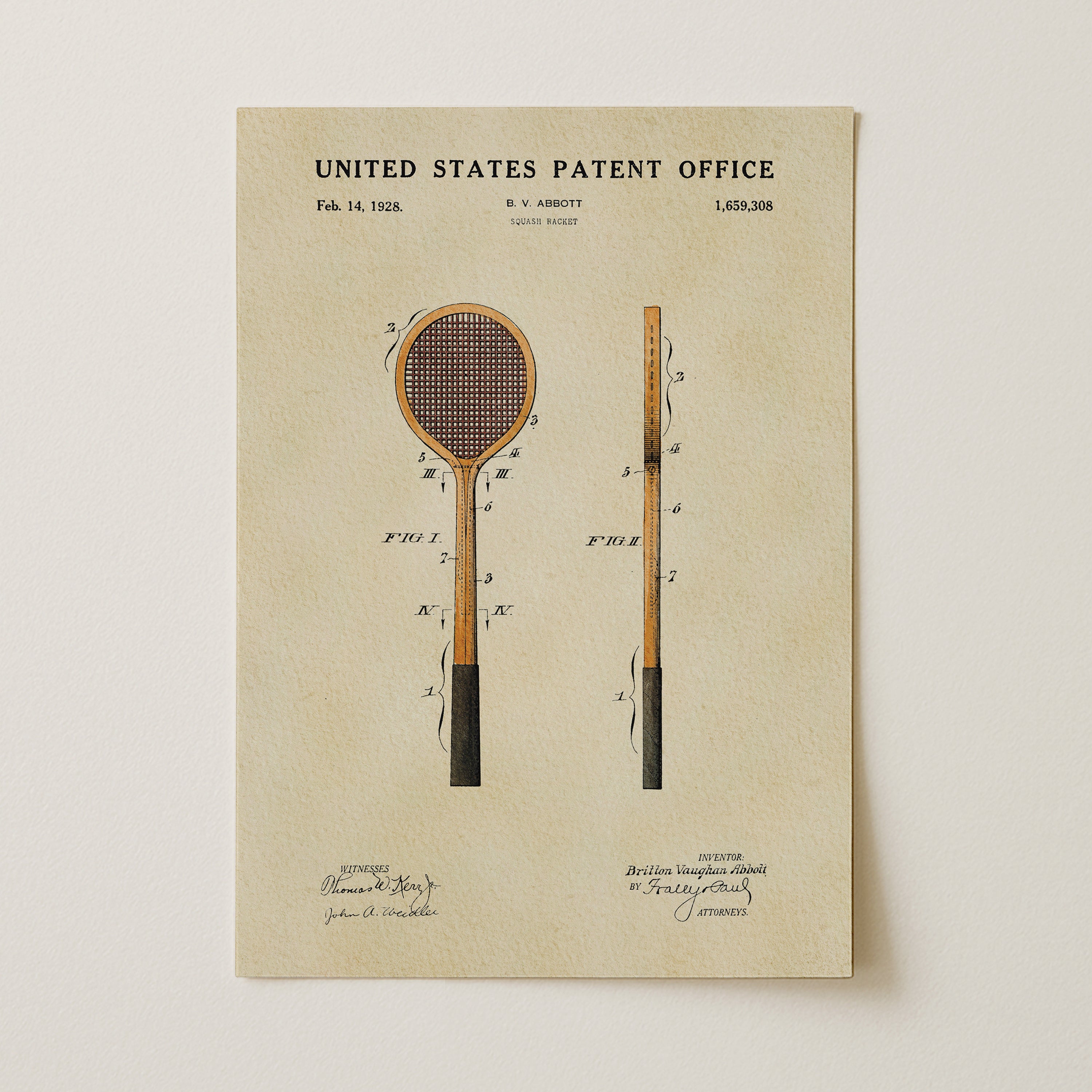 The image is a vintage patent drawing of a tennis racket, depicting the racket's design and features.