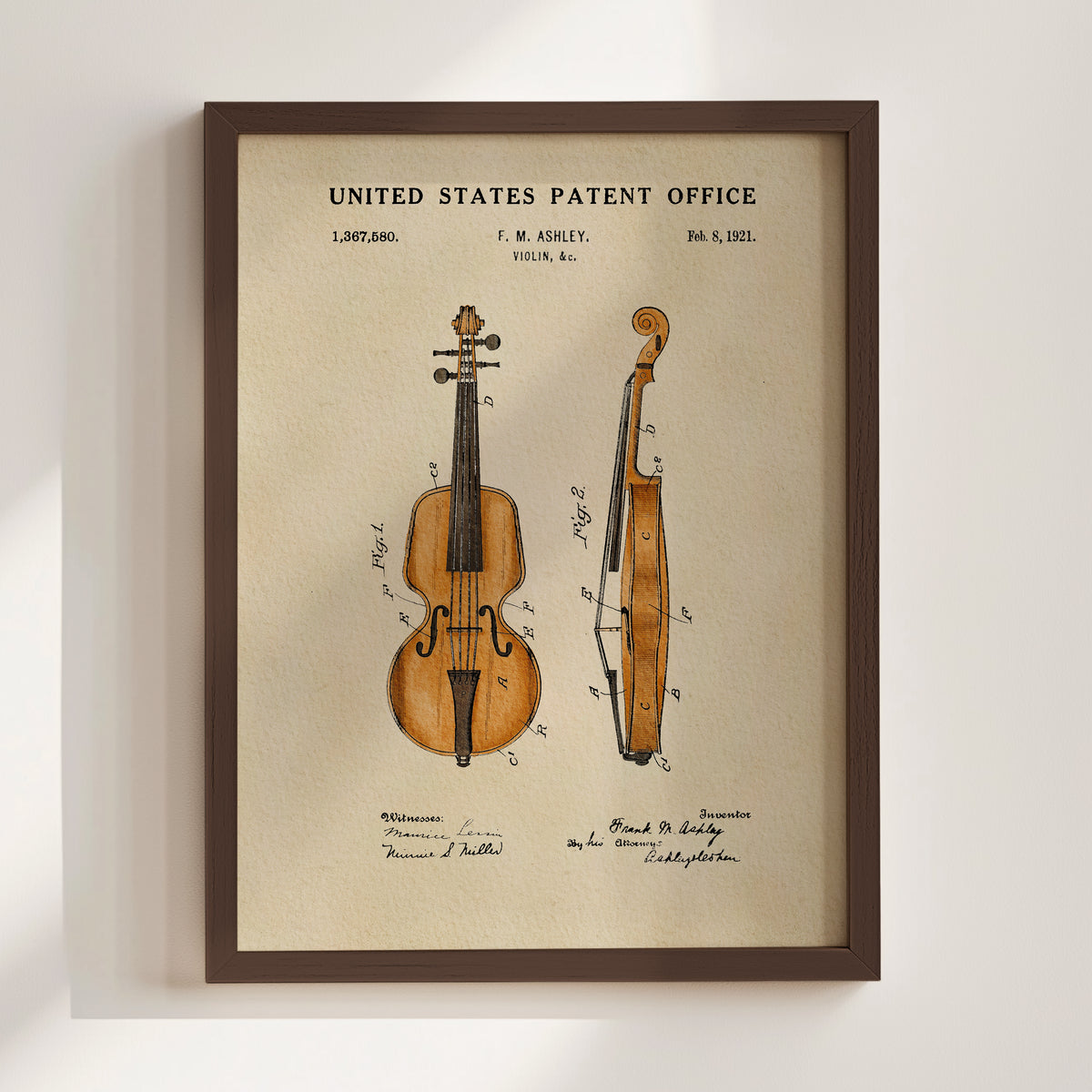 The image is a framed print of a violin patent from the United States Patent Office, dated August 8, 1921.