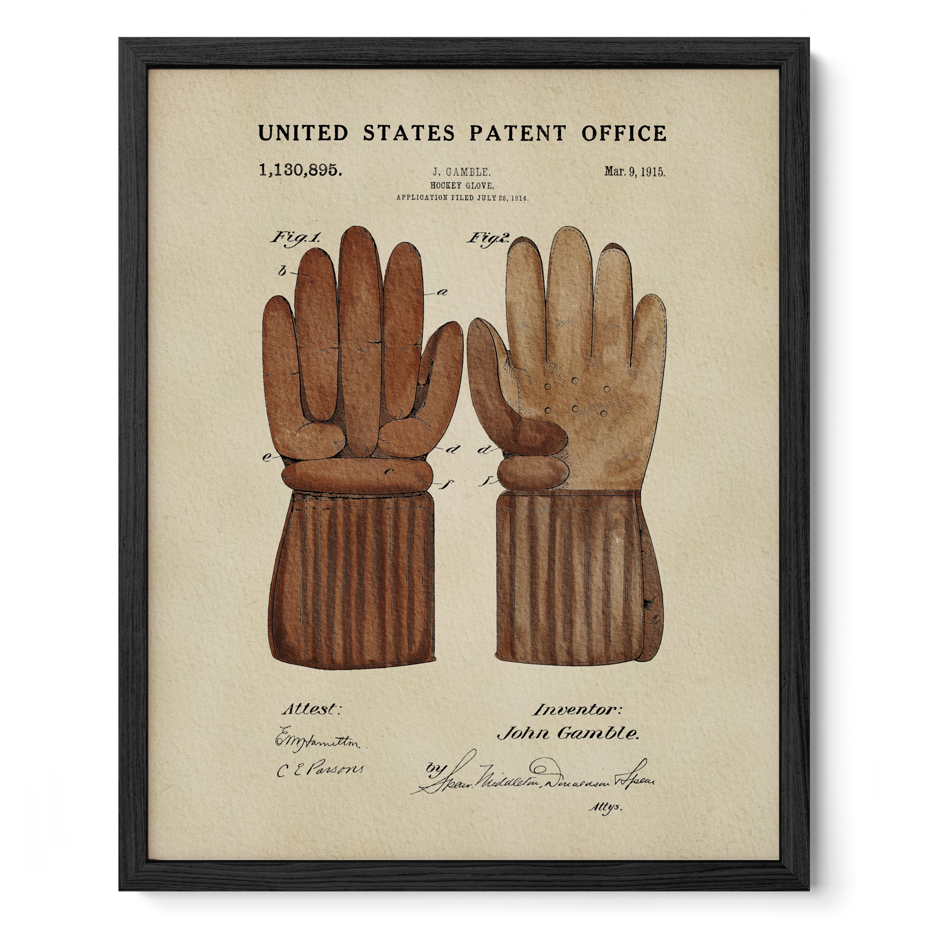 The image is a framed print depicting a pair of brown gloves, likely from the United States Patent Office.