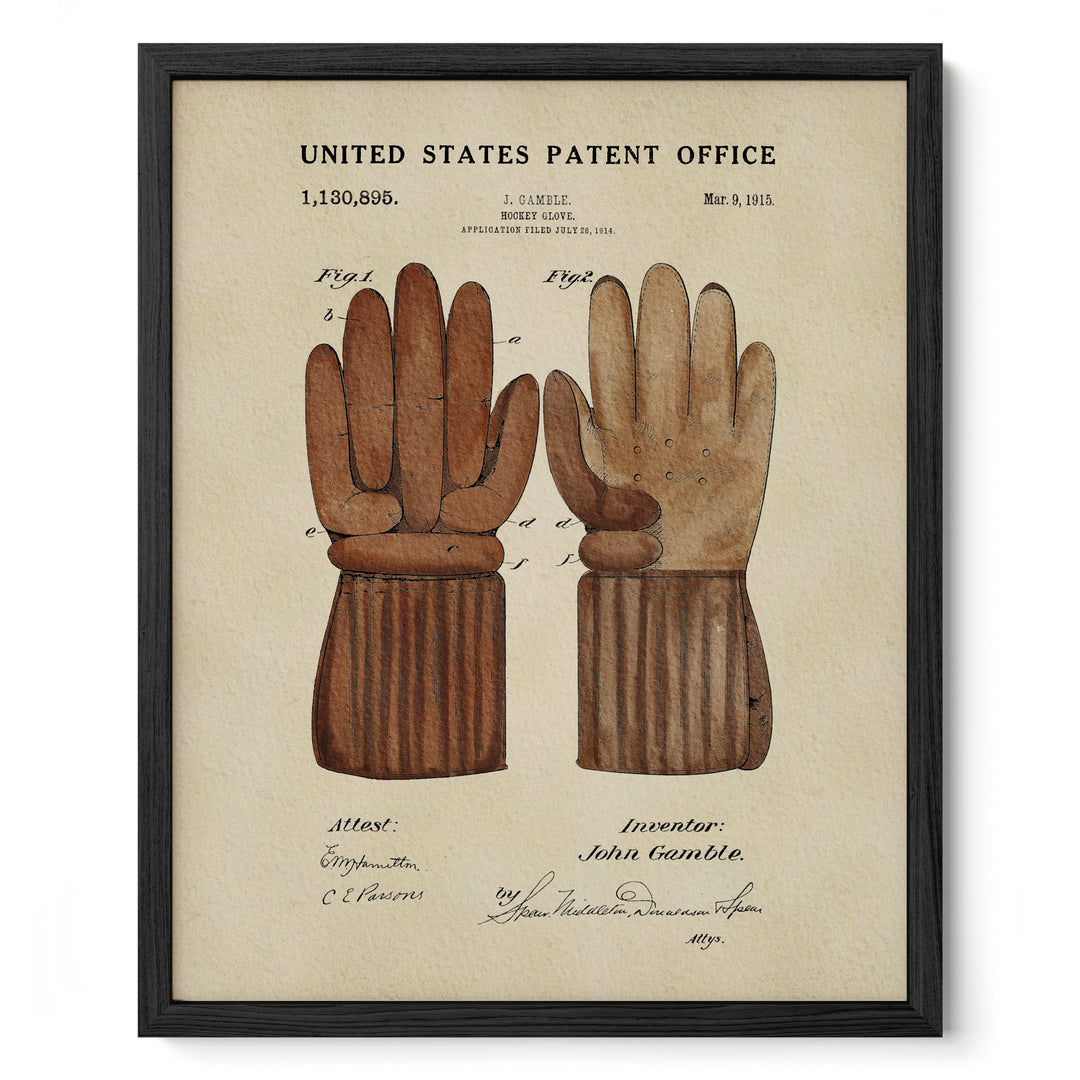 The image is a framed print depicting a pair of brown gloves, likely from the United States Patent Office.