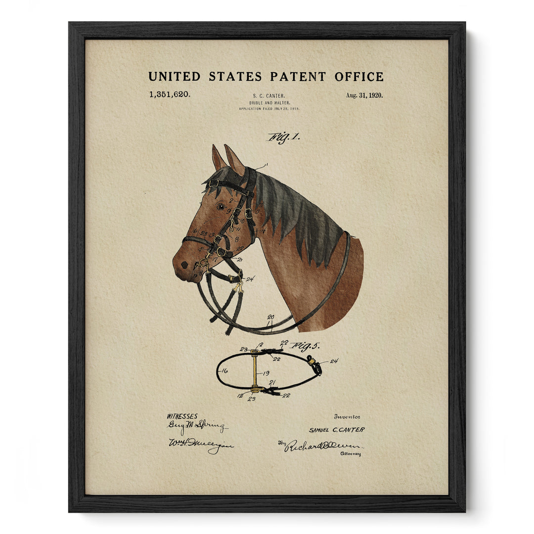 The image is a framed print depicting a horse harness with a patent application dated August 31, 1920, from the United States Patent Office.