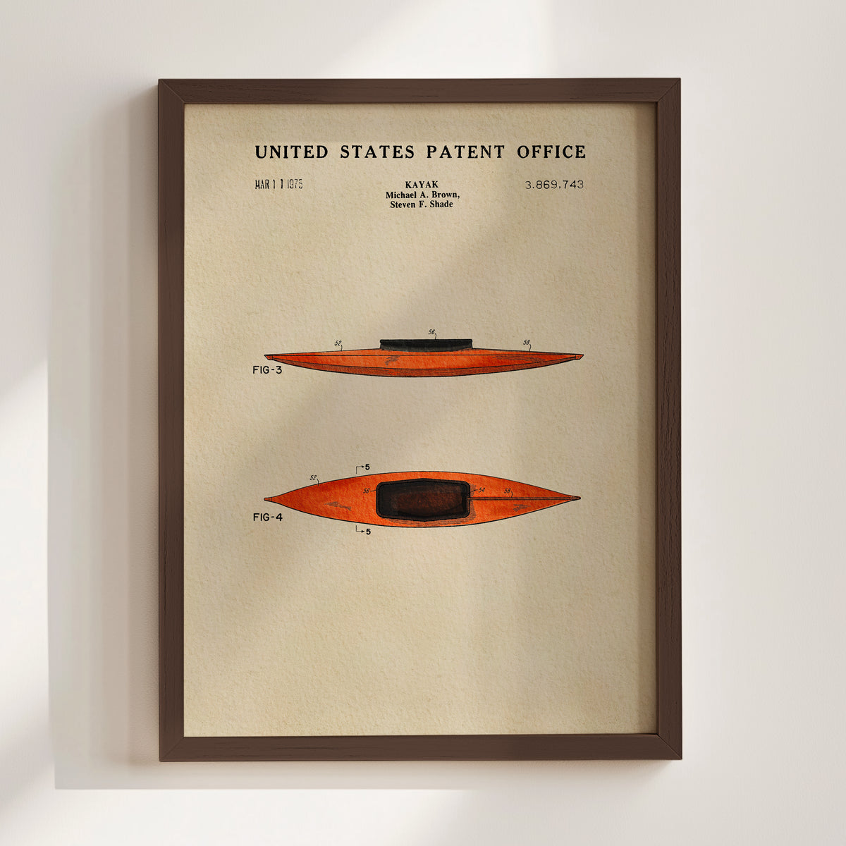 The image is a framed patent drawing of a kayak, depicting the design and features of the kayak in a detailed manner.