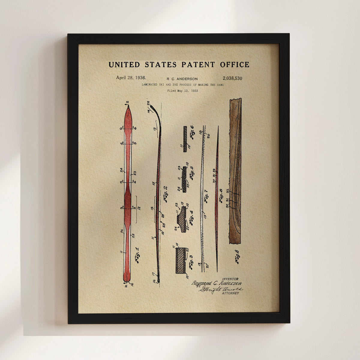 The image is a framed patent drawing depicting a ski and snowboard design, with various technical drawings and specifications.