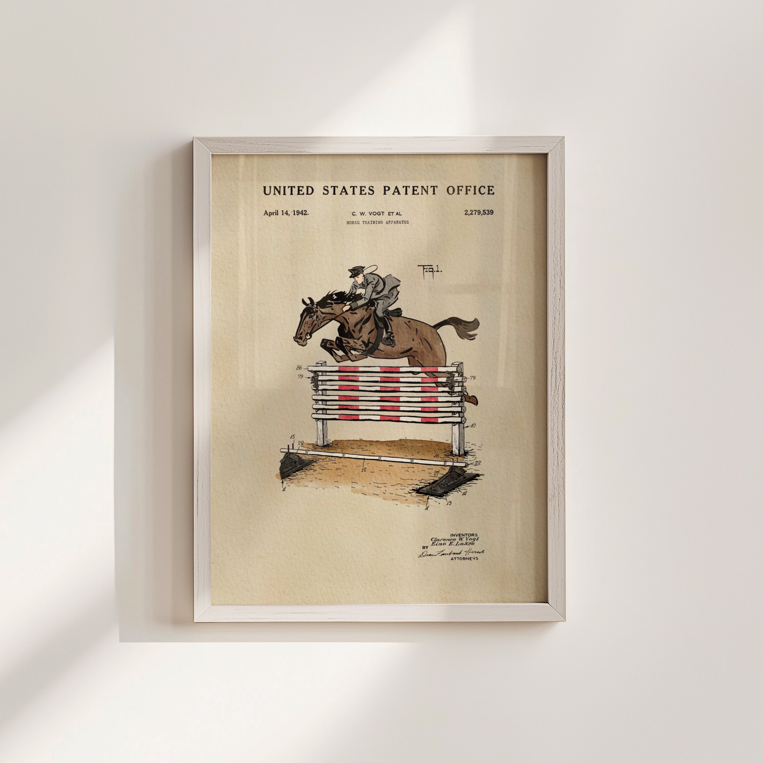 The image is a framed patent drawing depicting a horse jumping over a red and white striped obstacle.