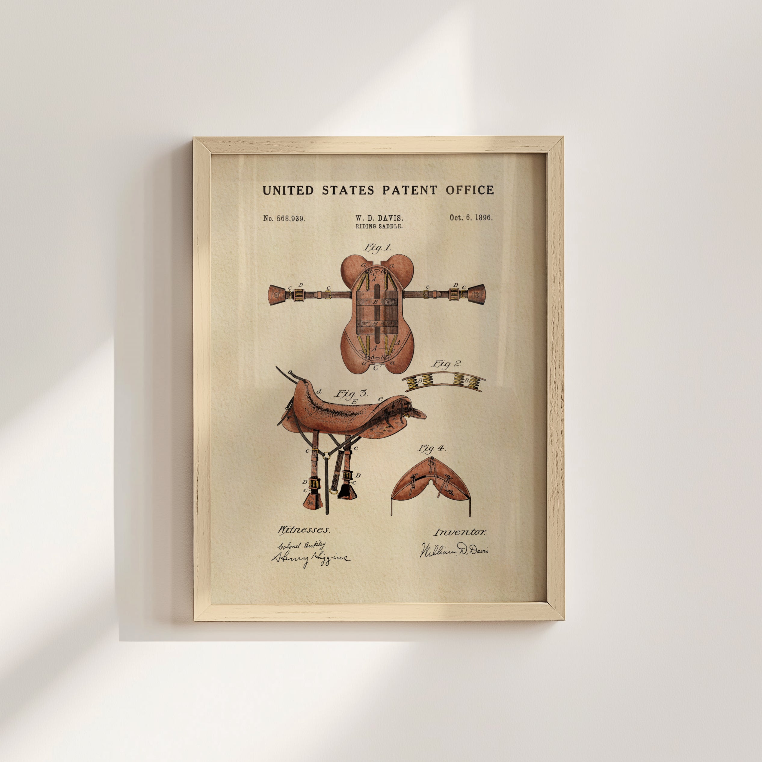 The image is a framed patent drawing depicting a horse saddle, with accompanying drawings and text.