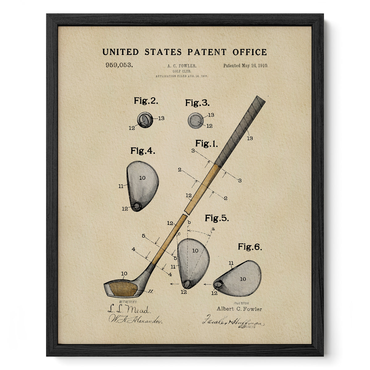 The image is a framed vintage patent drawing depicting a golf club and its components, including the club head, shaft, and club grip.
