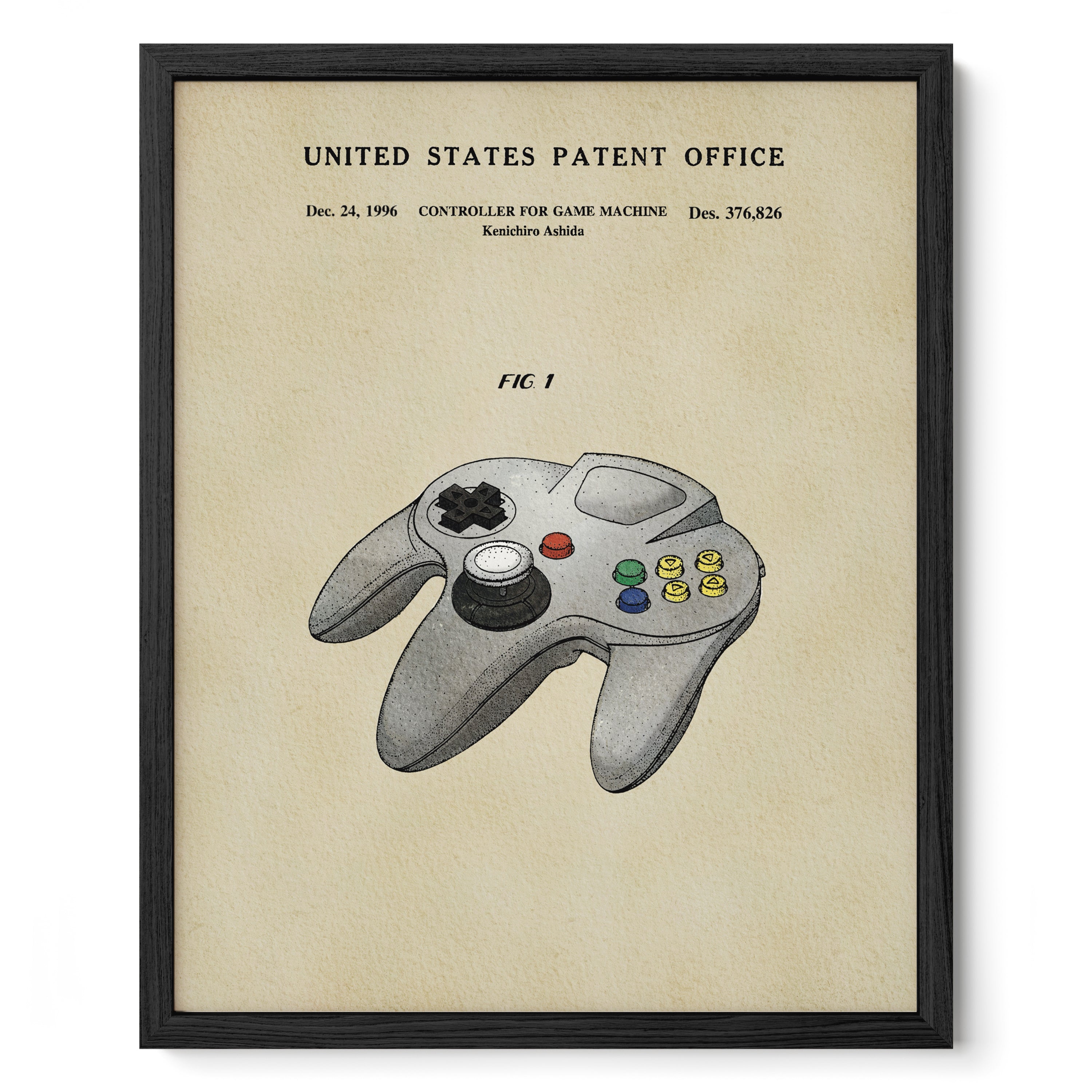 The image is a framed print of a patent application for a Nintendo 64 game controller, dated December 24, 1996.