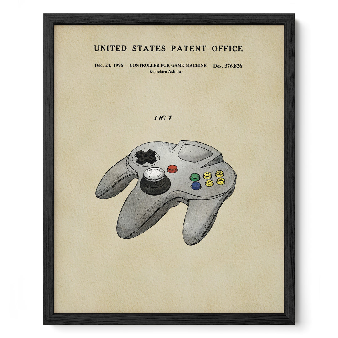 The image is a framed print of a patent application for a Nintendo 64 game controller, dated December 24, 1996.