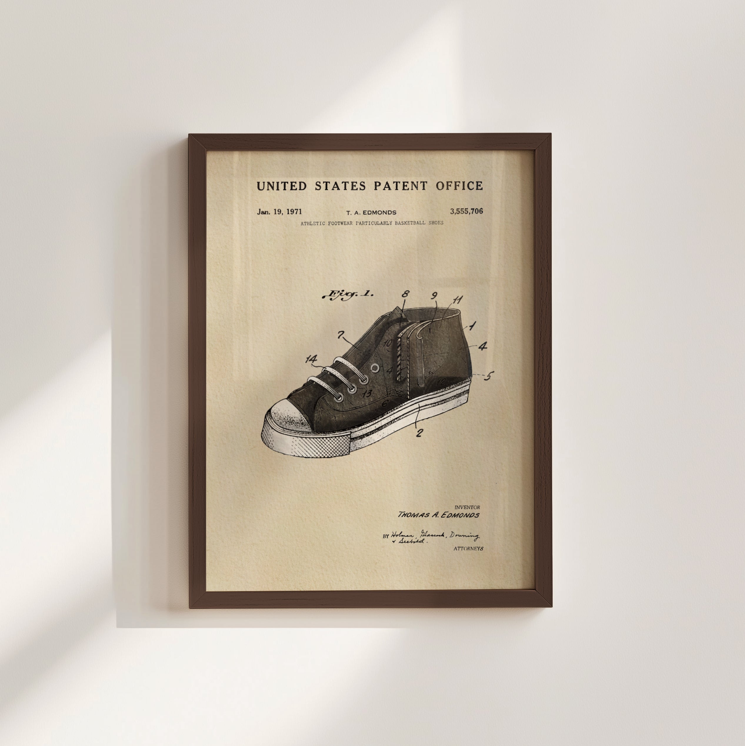 The image is a framed patent drawing of a shoe, depicting a technical drawing of a shoe with various labels and annotations.