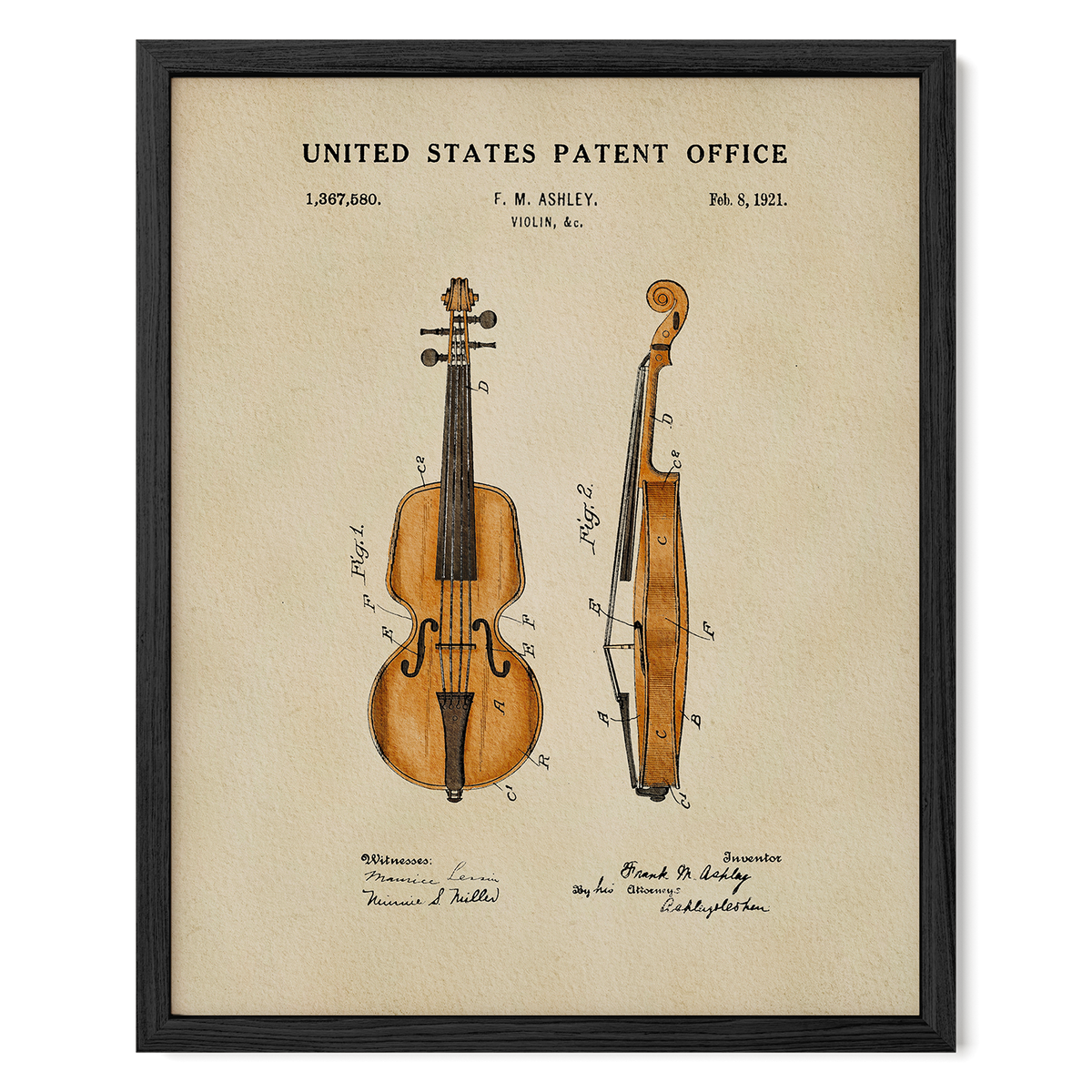 The image is a framed patent drawing of a violin, depicting the instrument in two views.