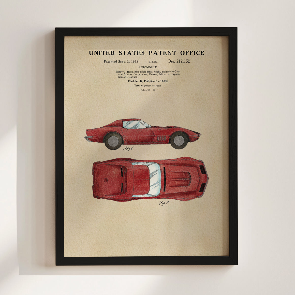 The image is a framed patent drawing of a red sports car, depicting the car's design and features.
