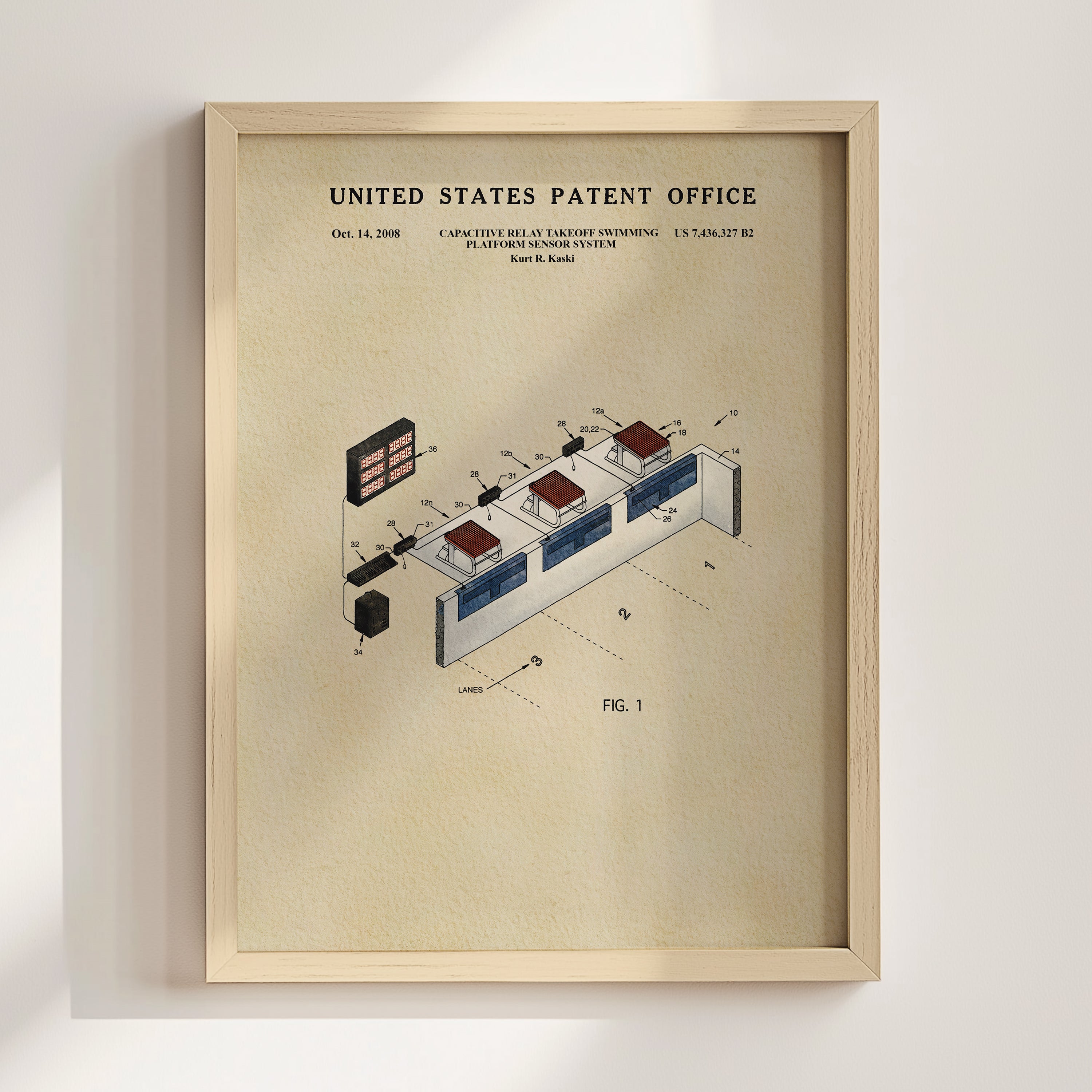 The image is a framed patent drawing depicting a technical drawing of a swimming pool system, with various components and parts labeled.