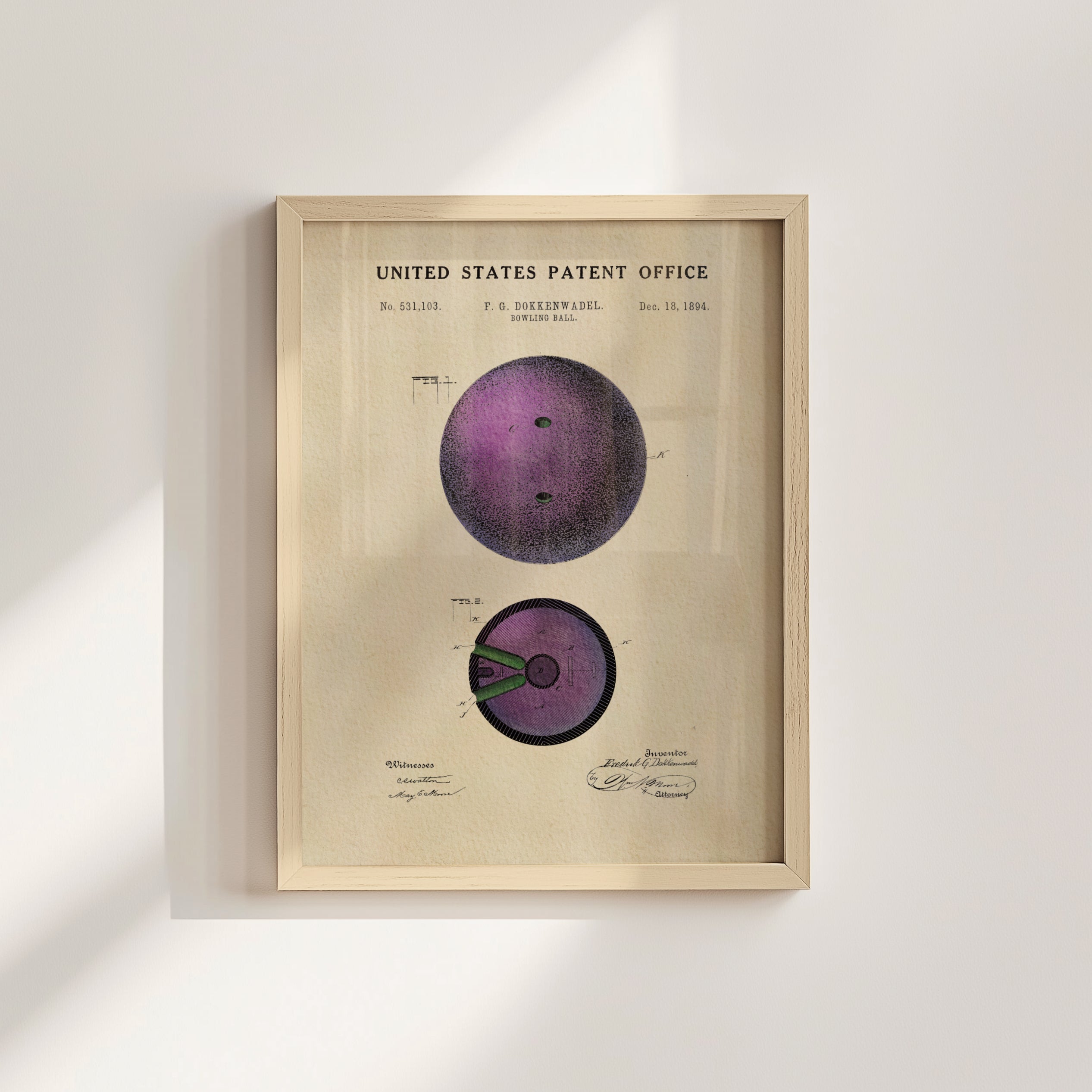 The image is a framed patent drawing depicting a bowling ball with a purple and green color scheme.