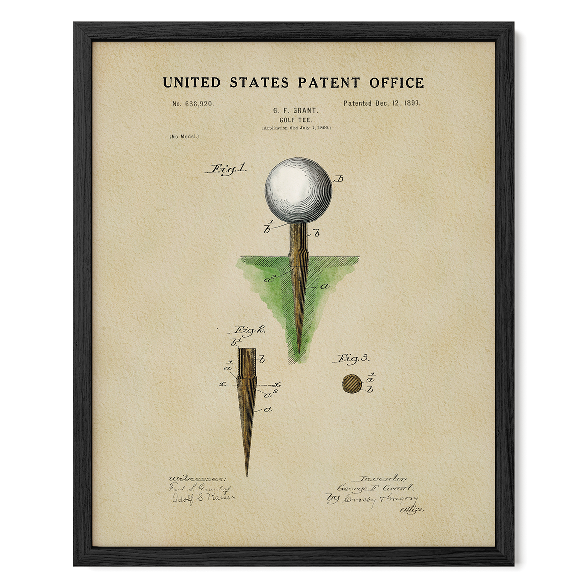 The image is a framed patent drawing depicting a golf club tee with a white ball on top.