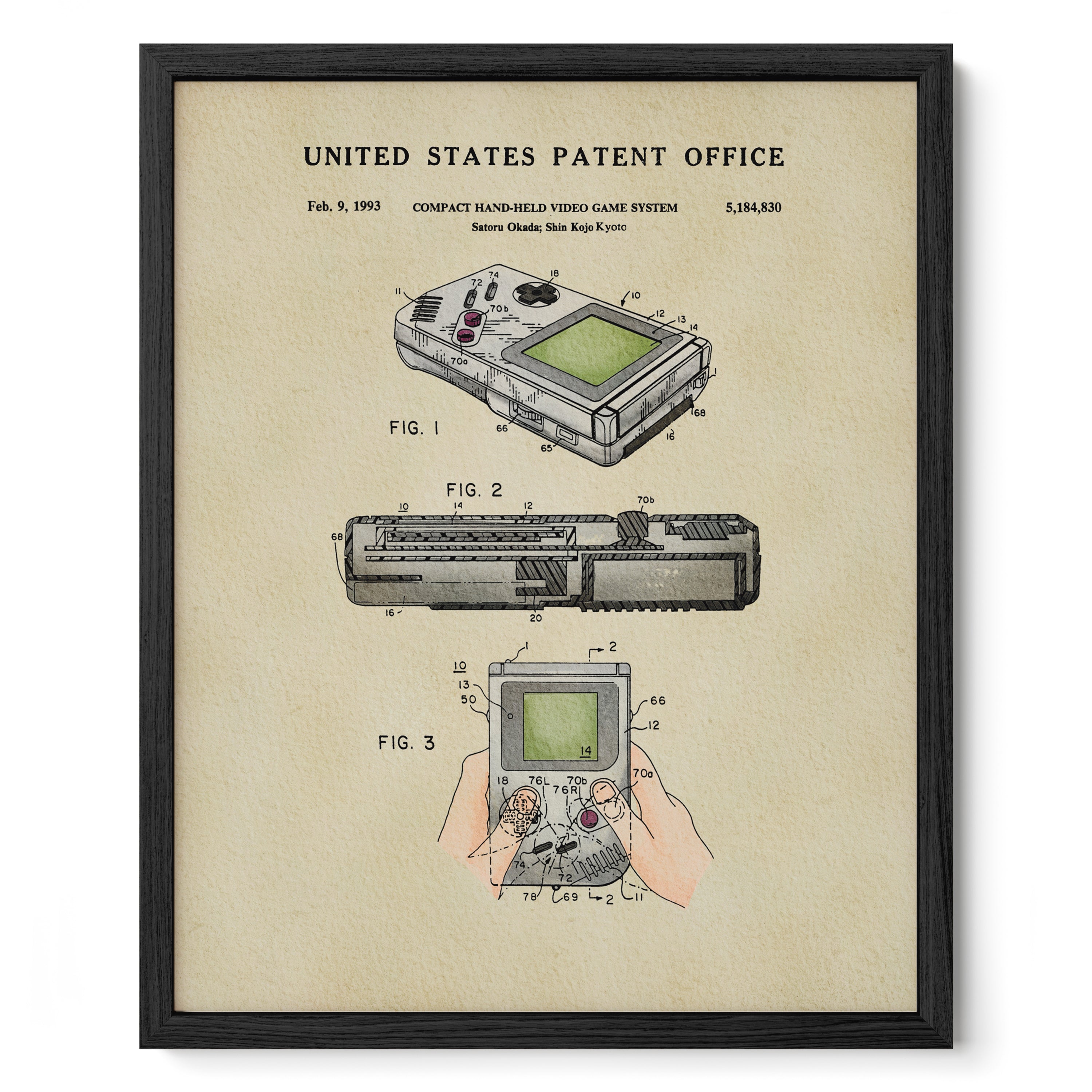 The image is a framed patent drawing depicting a handheld video game system, specifically the Nintendo GameCube, with three different views of the device.