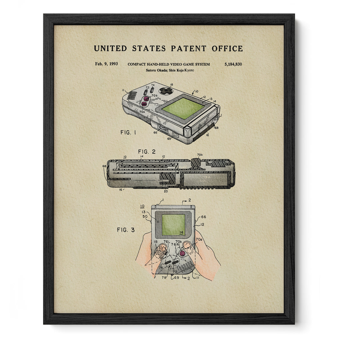 The image is a framed patent drawing depicting a handheld video game system, specifically the Nintendo GameCube, with three different views of the device.