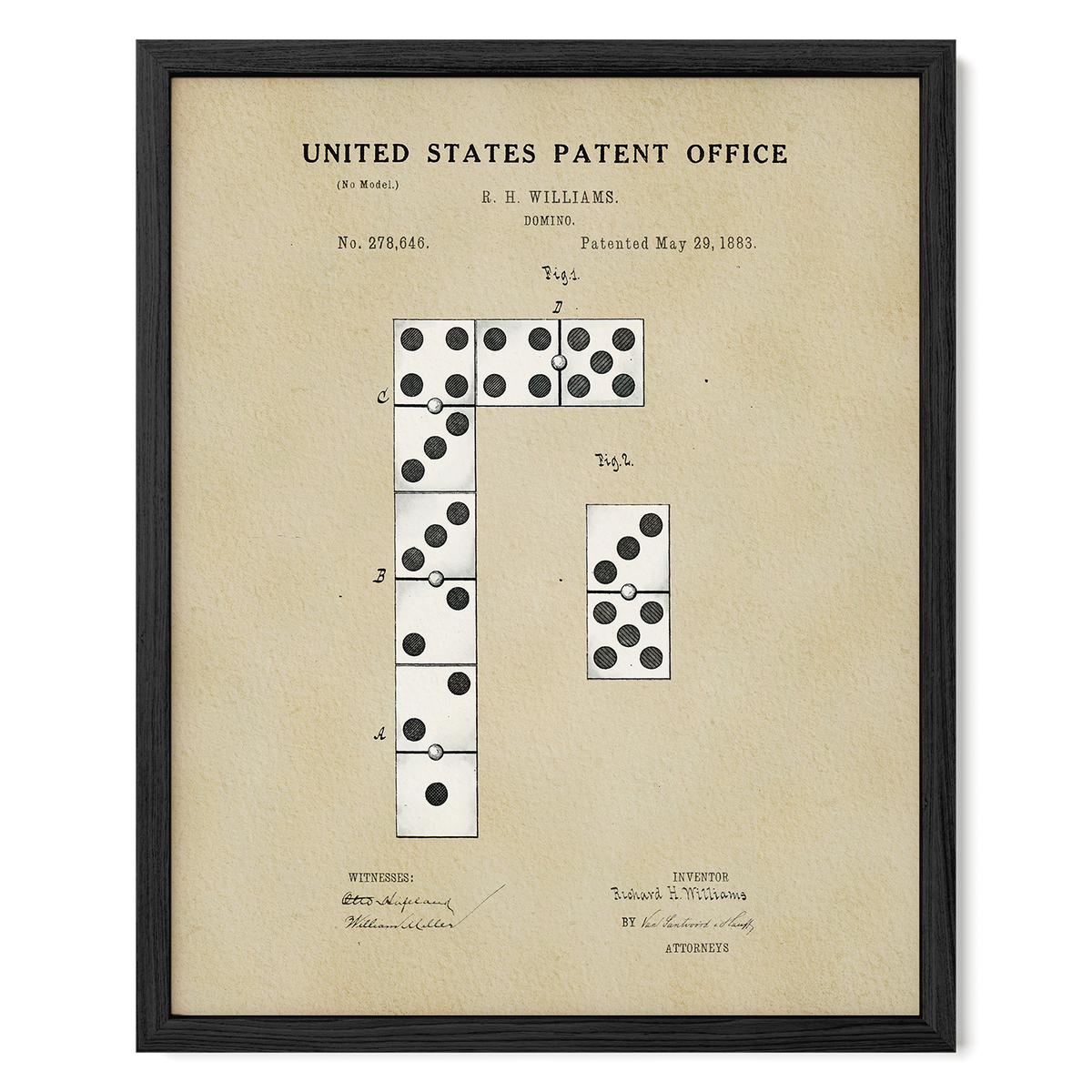The image is a framed patent drawing depicting a domino setup with a series of dominoes arranged in a line.